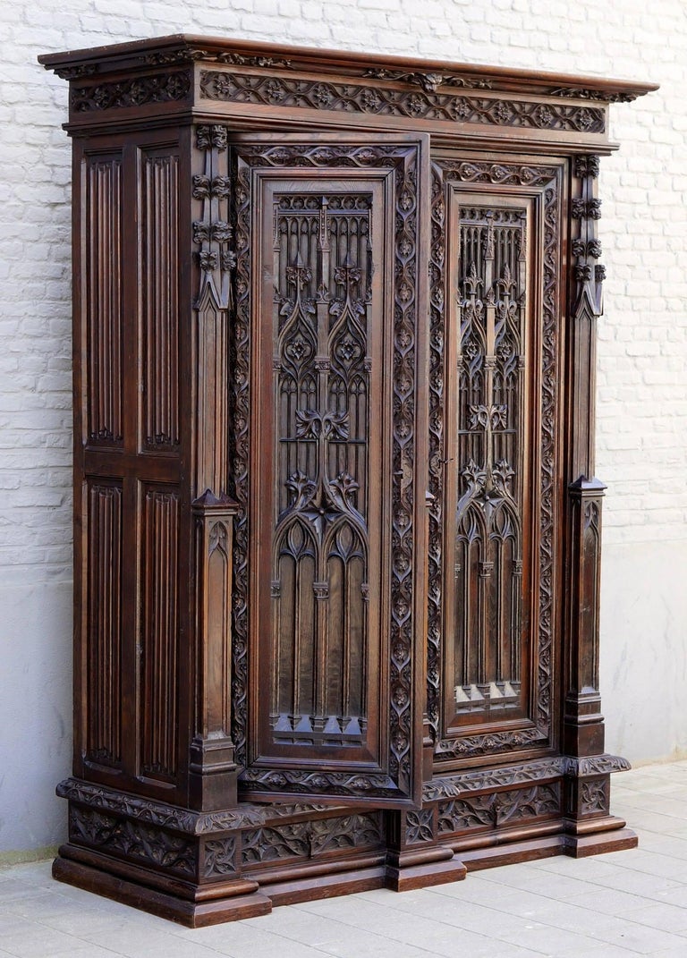 Gothic Revival Oak Armoire in the Spirit of Violettleduc For Sale at