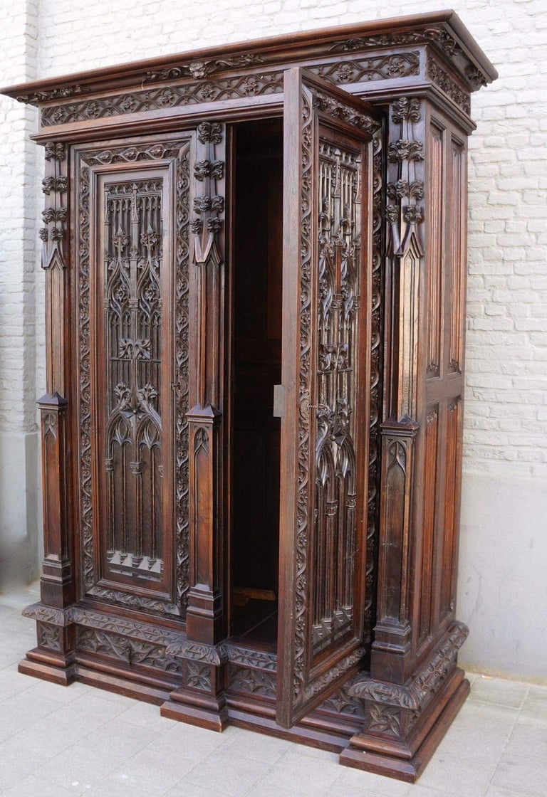 Gothic Revival Oak Armoire in the Spirit of Violettleduc For Sale at