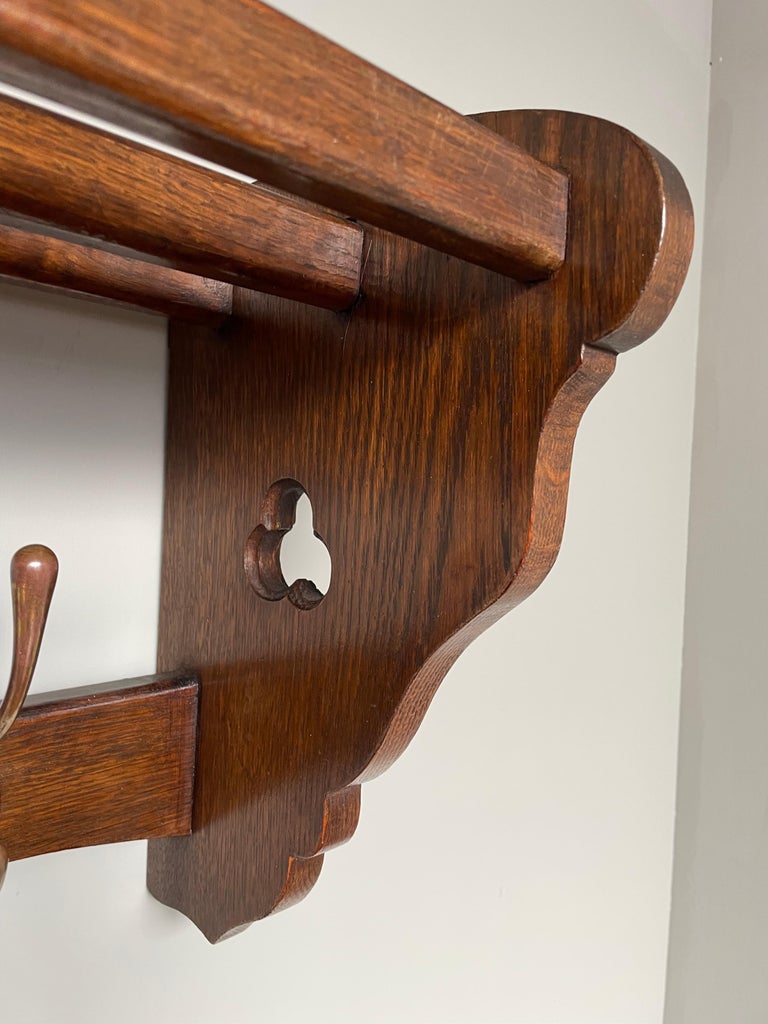 Gothic Revival Oak Coat Rack w. Hand Carved Trefoil Symbols and 'Pen ...