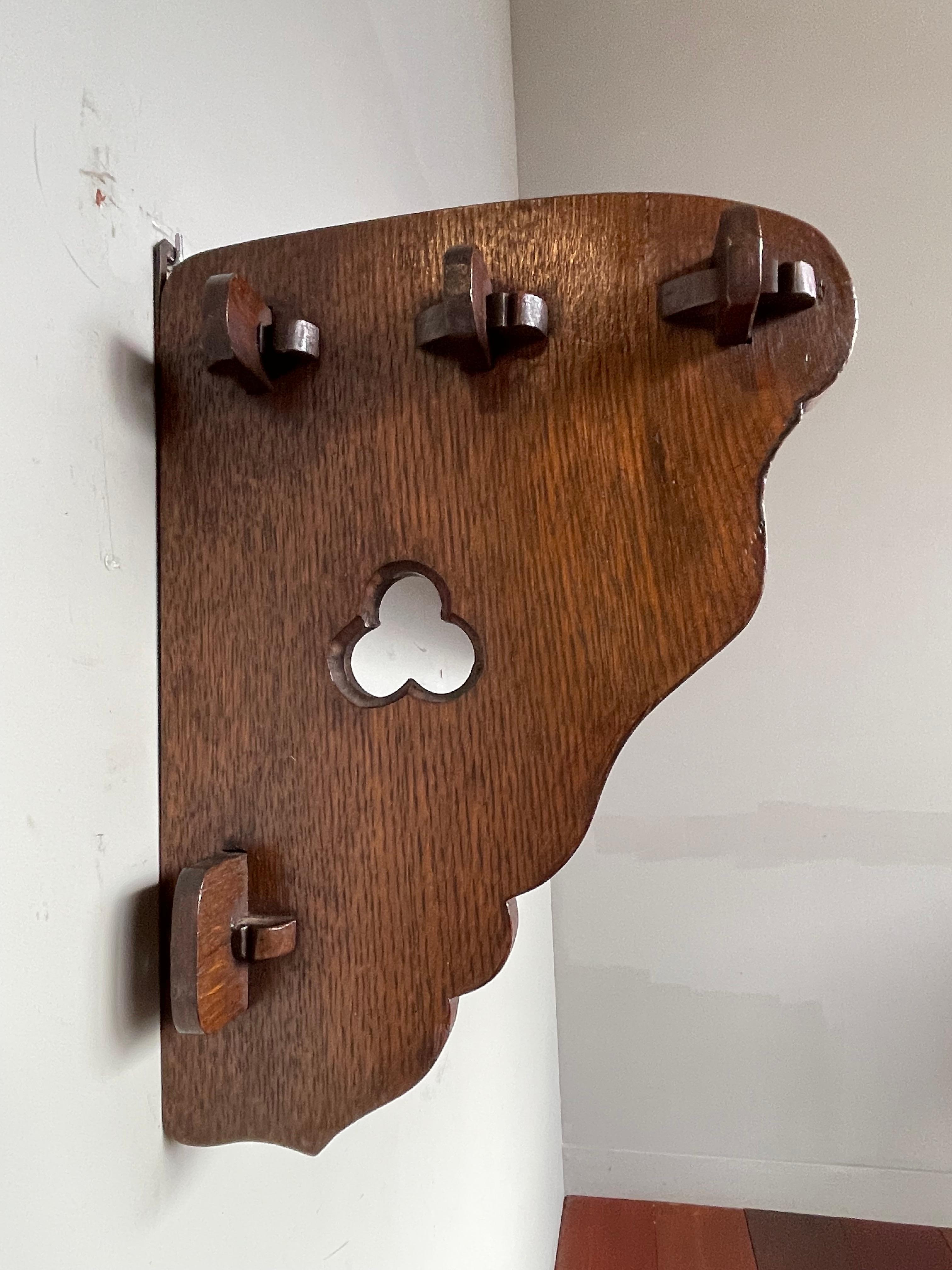 Hand-Carved Gothic Revival Oak Coat Rack w. Hand Carved Trefoil Symbols & 'Pen Connections' For Sale