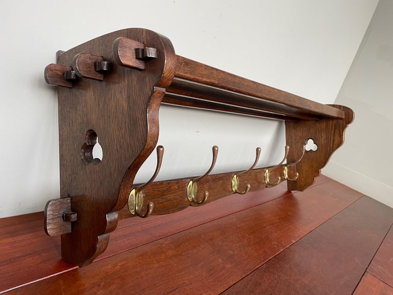Gothic Revival Oak Coat Rack w. Hand Carved Trefoil Symbols and 'Pen ...