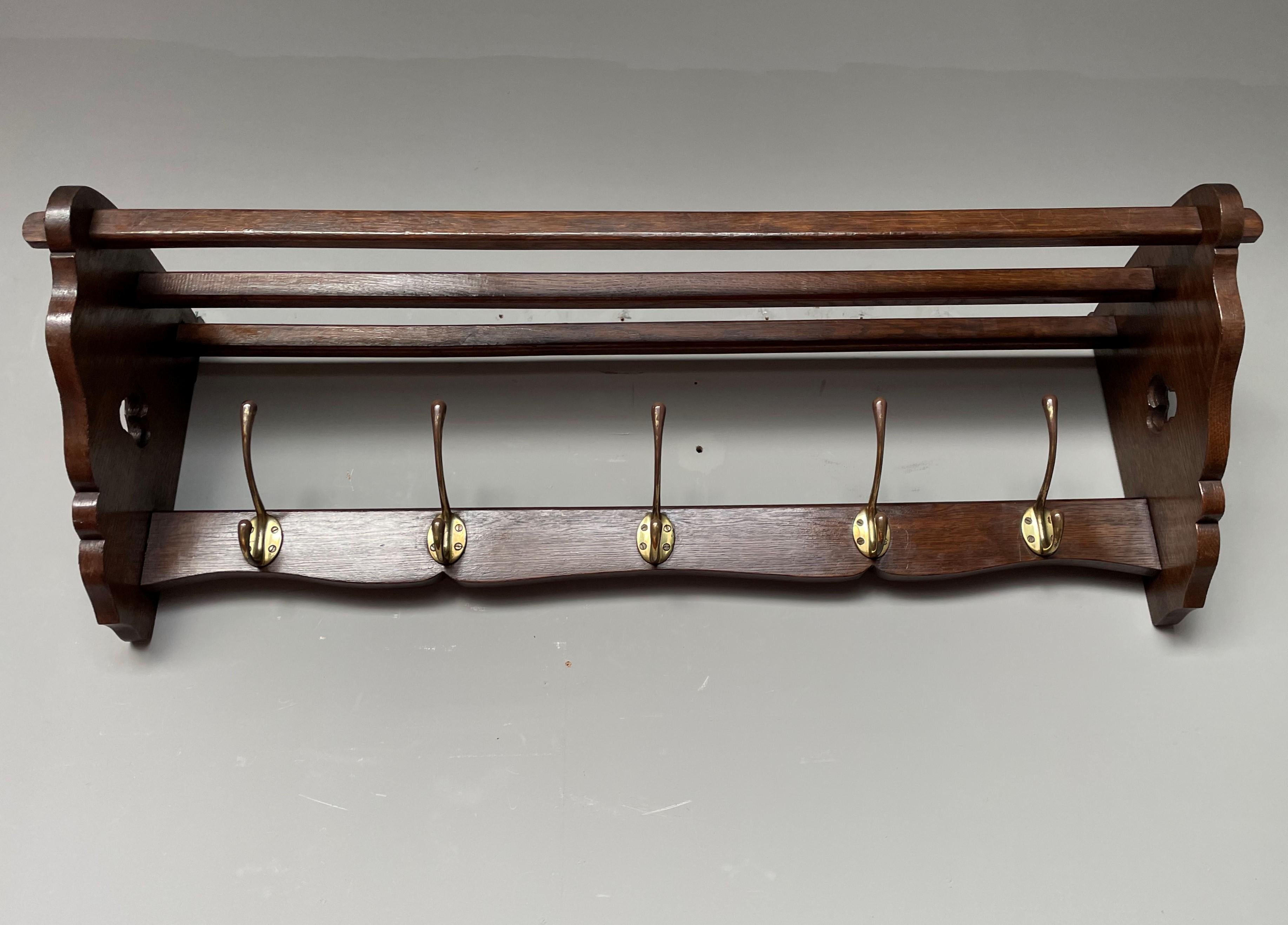 Brass Gothic Revival Oak Coat Rack w. Hand Carved Trefoil Symbols & 'Pen Connections' For Sale