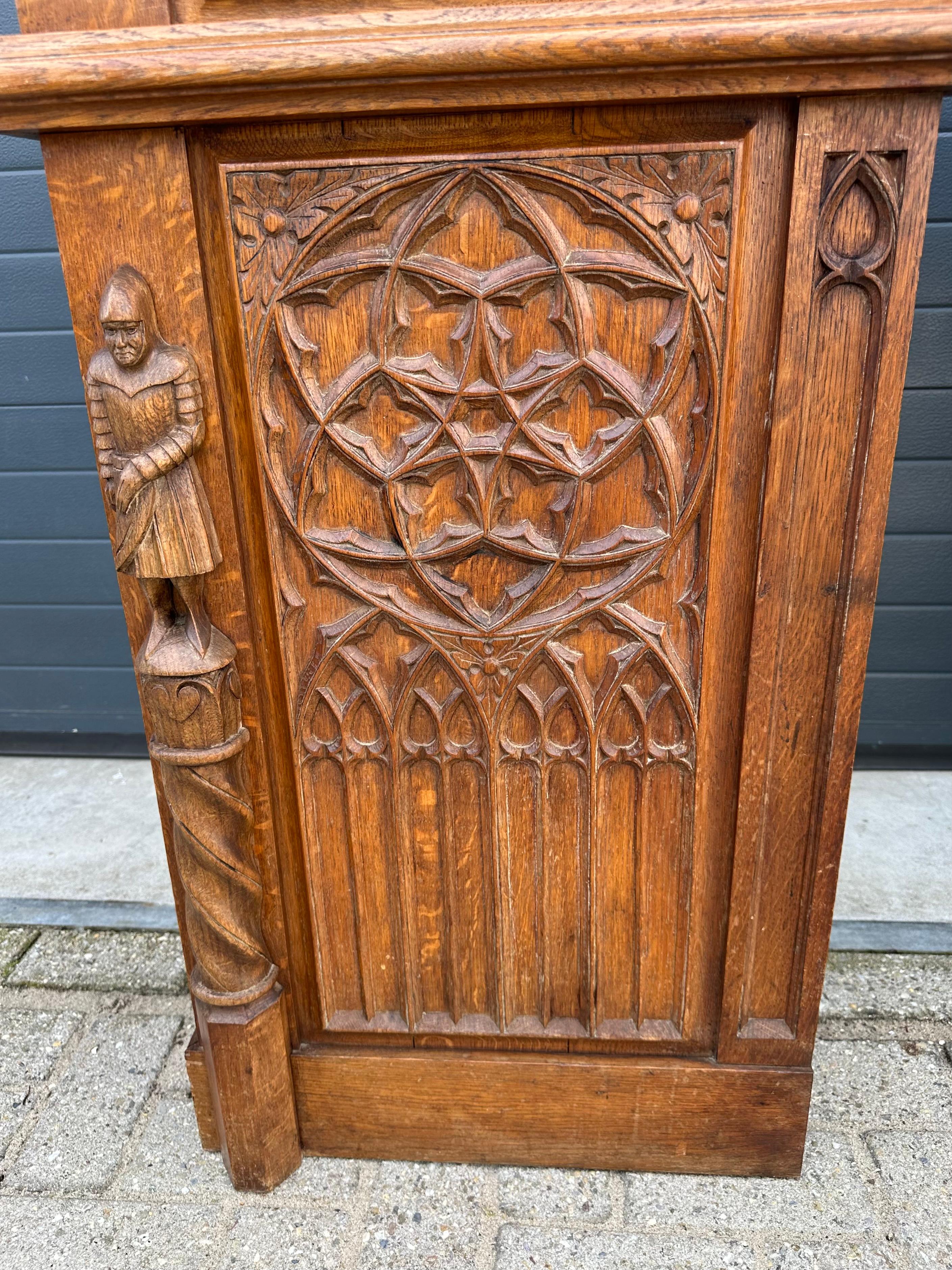 Gothic Revival Oak Fireplace Mantel with Carved Church Window Panels & Guards For Sale 5