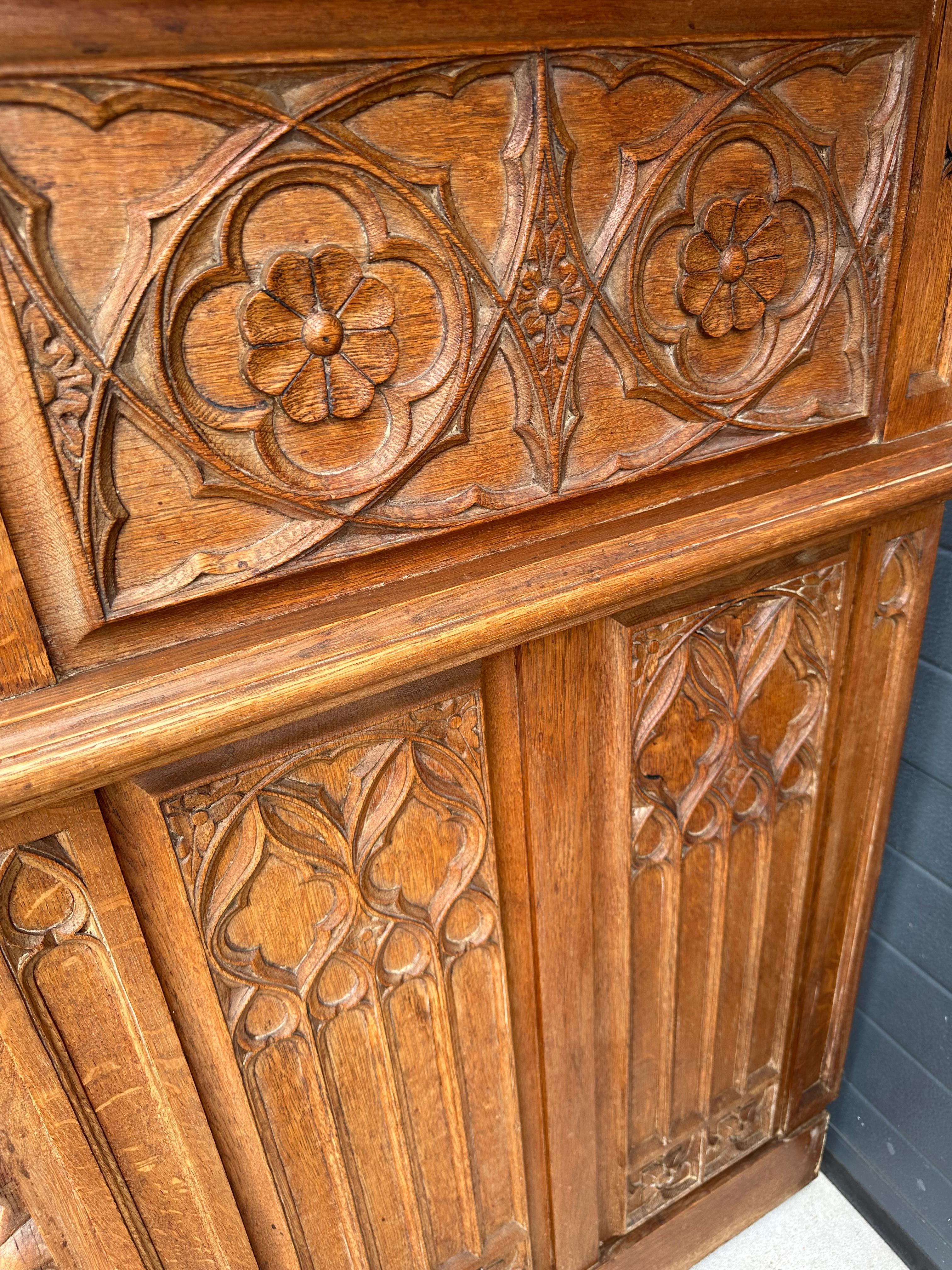 Gothic Revival Oak Fireplace Mantel with Carved Church Window Panels & Guards For Sale 8