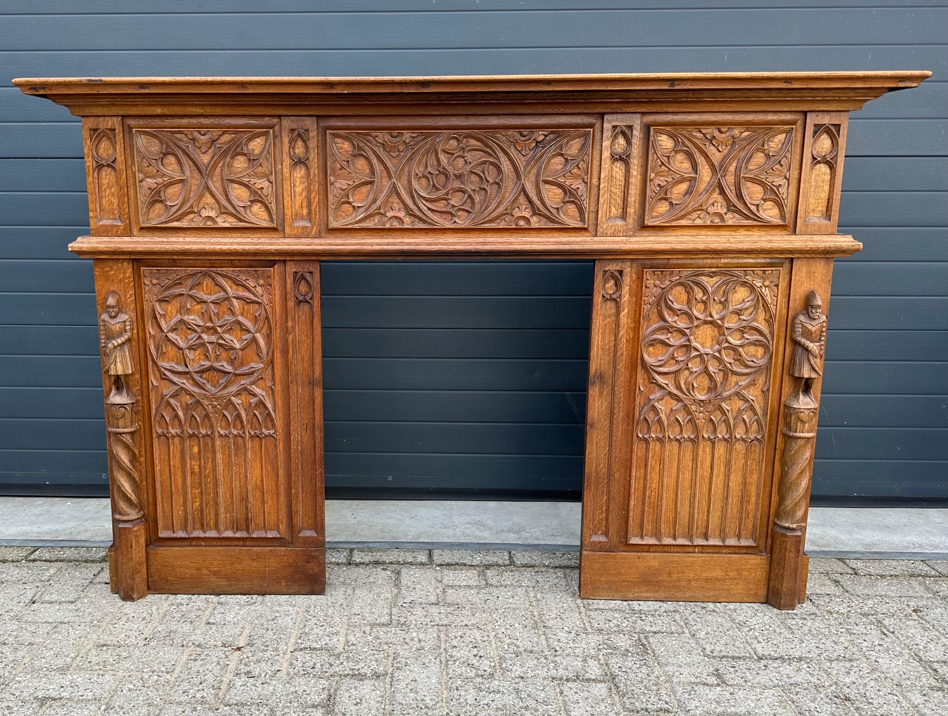 Gothic Revival Oak Fireplace Mantel with Carved Church Window Panels & Guards For Sale 10