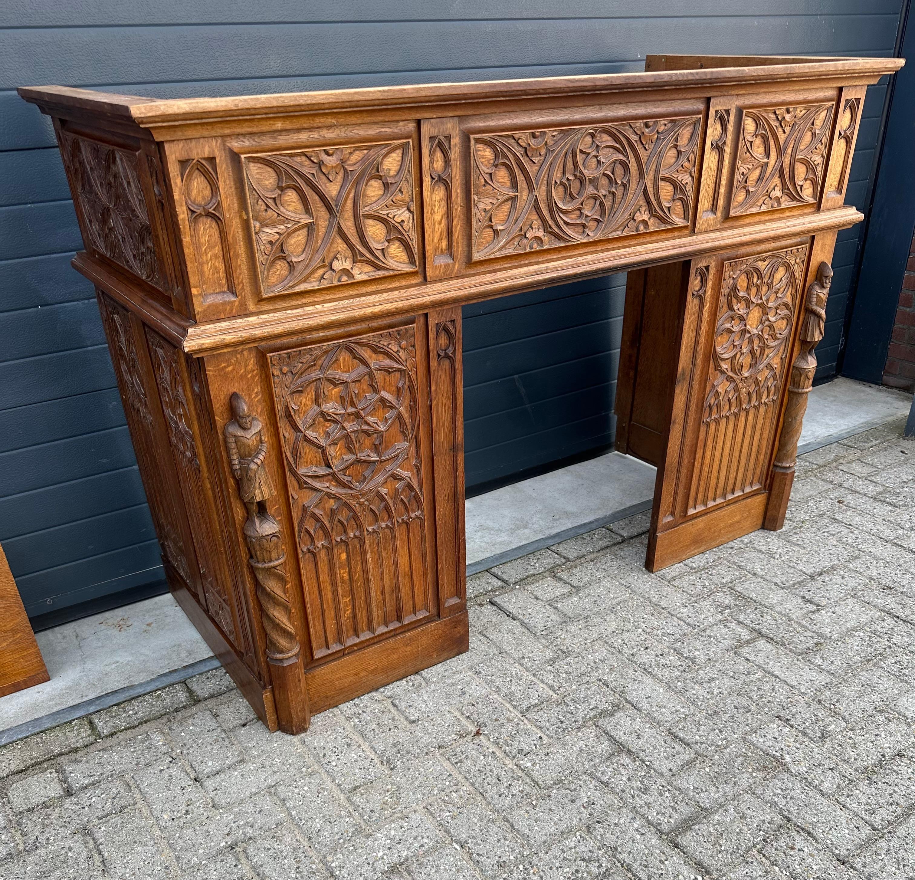 European Gothic Revival Oak Fireplace Mantel with Carved Church Window Panels & Guards For Sale