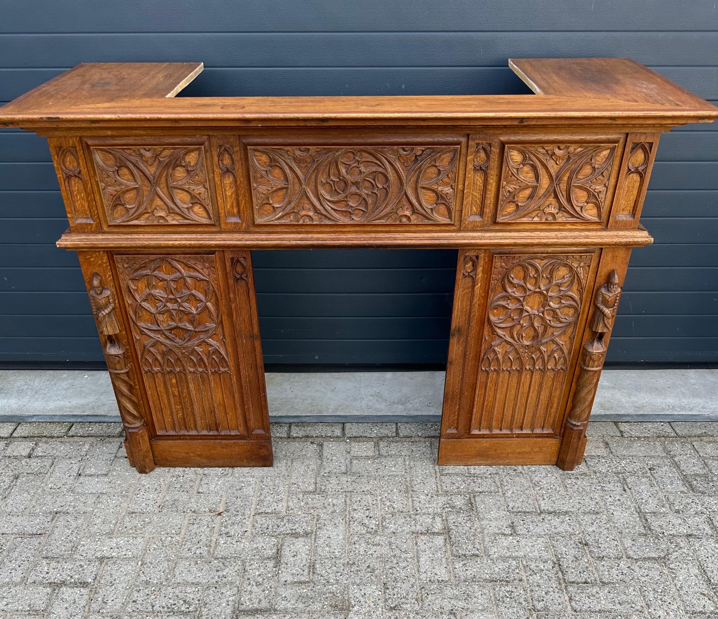 Hand-Carved Gothic Revival Oak Fireplace Mantel with Carved Church Window Panels & Guards For Sale