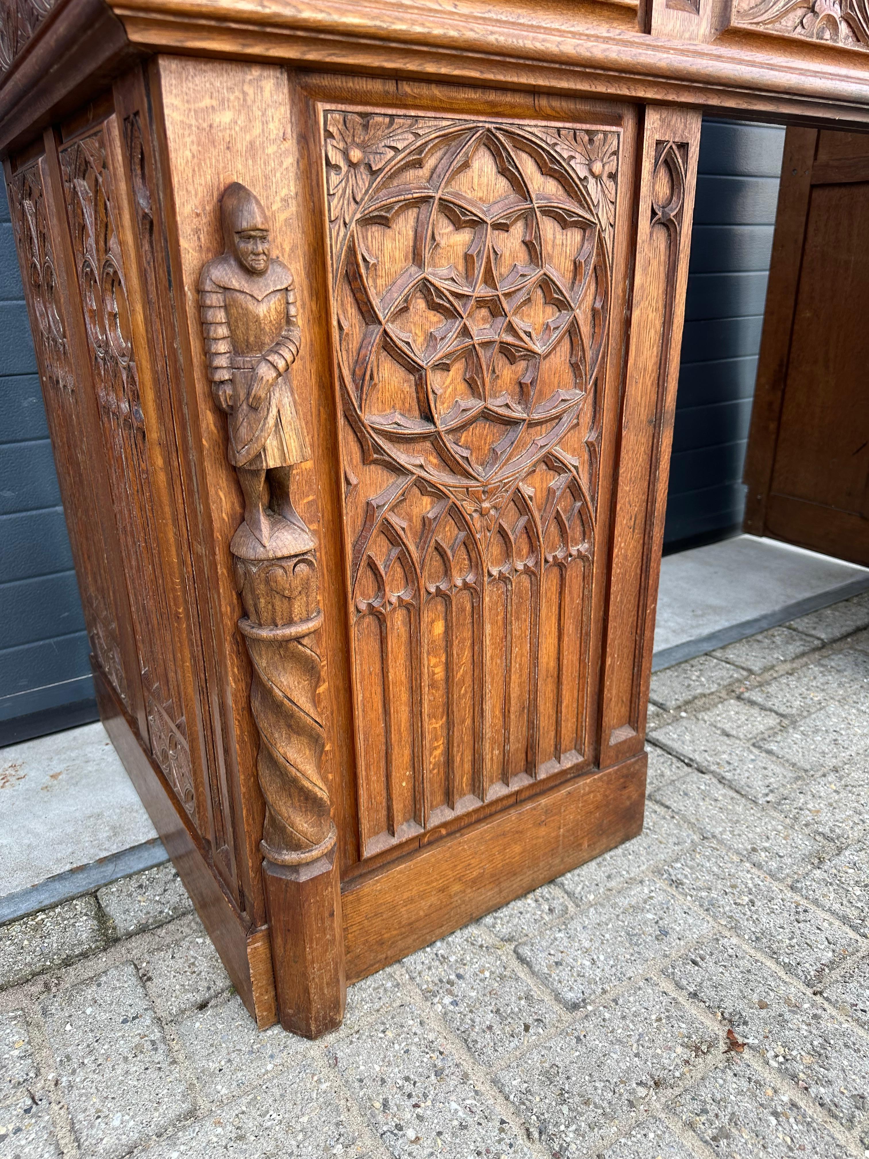 Wood Gothic Revival Oak Fireplace Mantel with Carved Church Window Panels & Guards For Sale