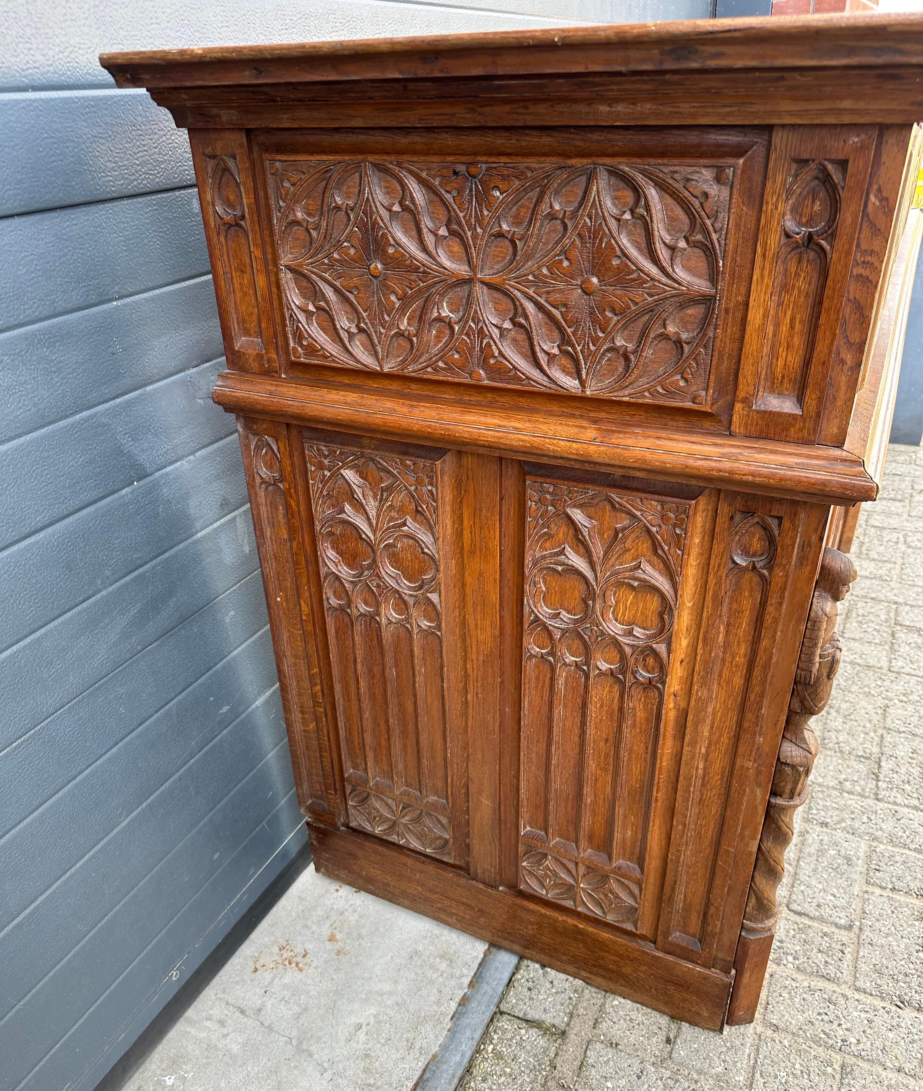 Gothic Revival Oak Fireplace Mantel with Carved Church Window Panels & Guards For Sale 1