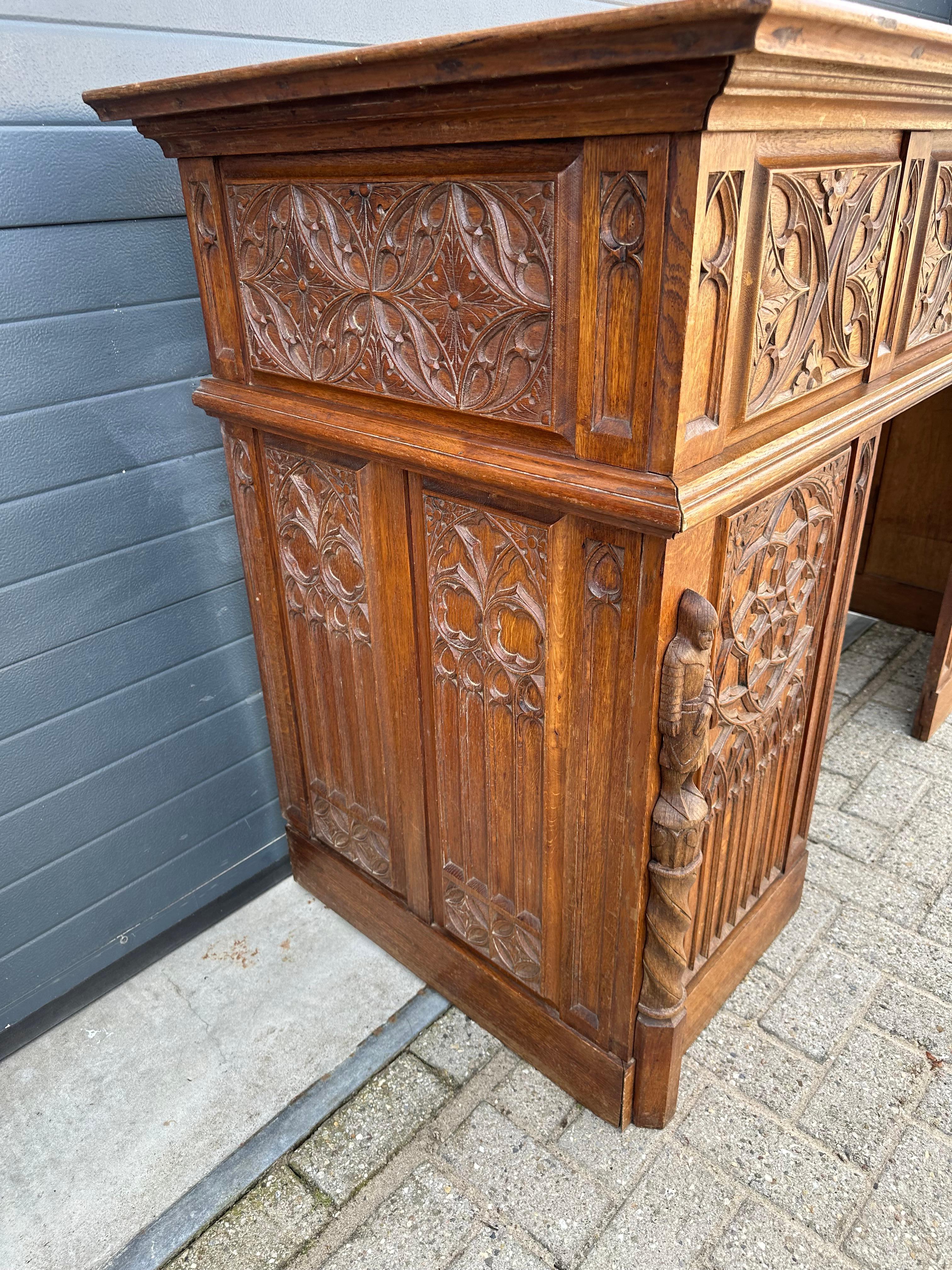 Gothic Revival Oak Fireplace Mantel with Carved Church Window Panels & Guards For Sale 2