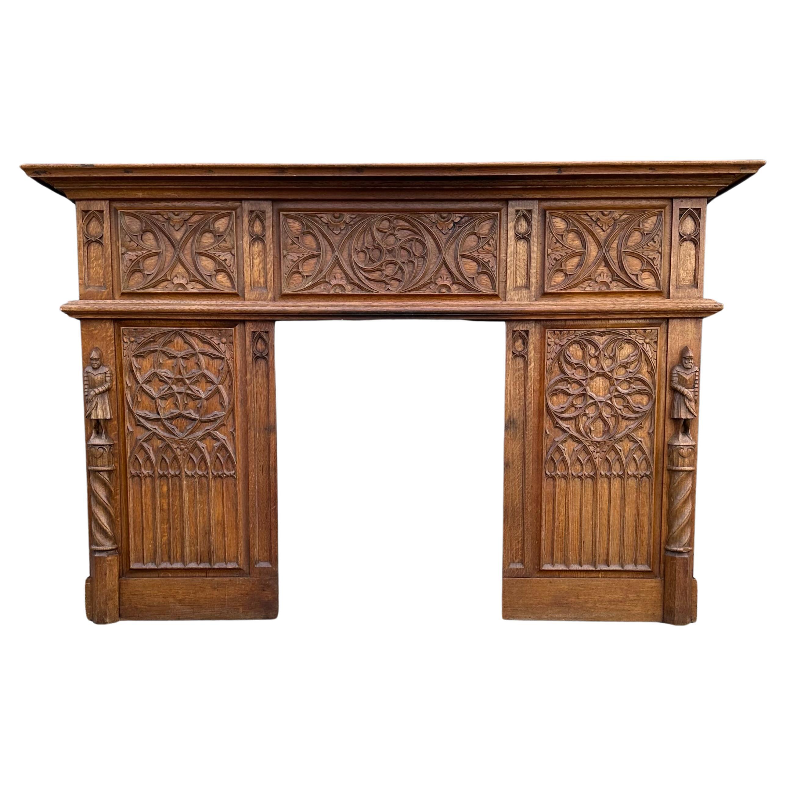 Gothic Revival Oak Fireplace Mantel with Carved Church Window Panels & Guards For Sale