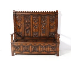 Gothic Revival Oak High Back Hall Bench, 1900s