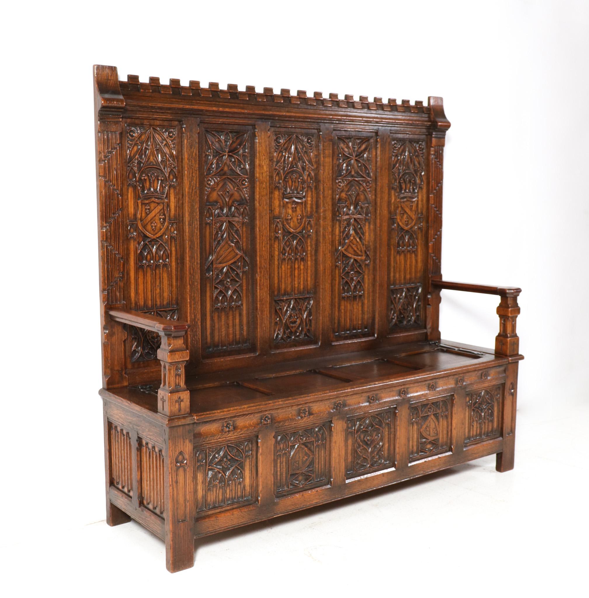 Dutch  Gothic Revival Oak High Back Hall Bench, 1900s For Sale