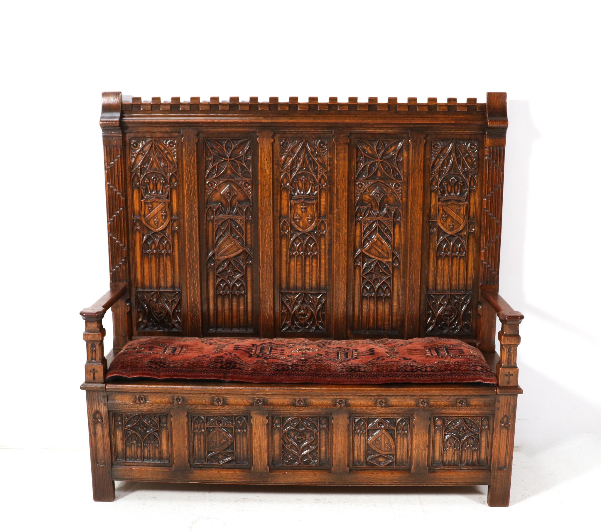 Wrought Iron  Gothic Revival Oak High Back Hall Bench, 1900s For Sale