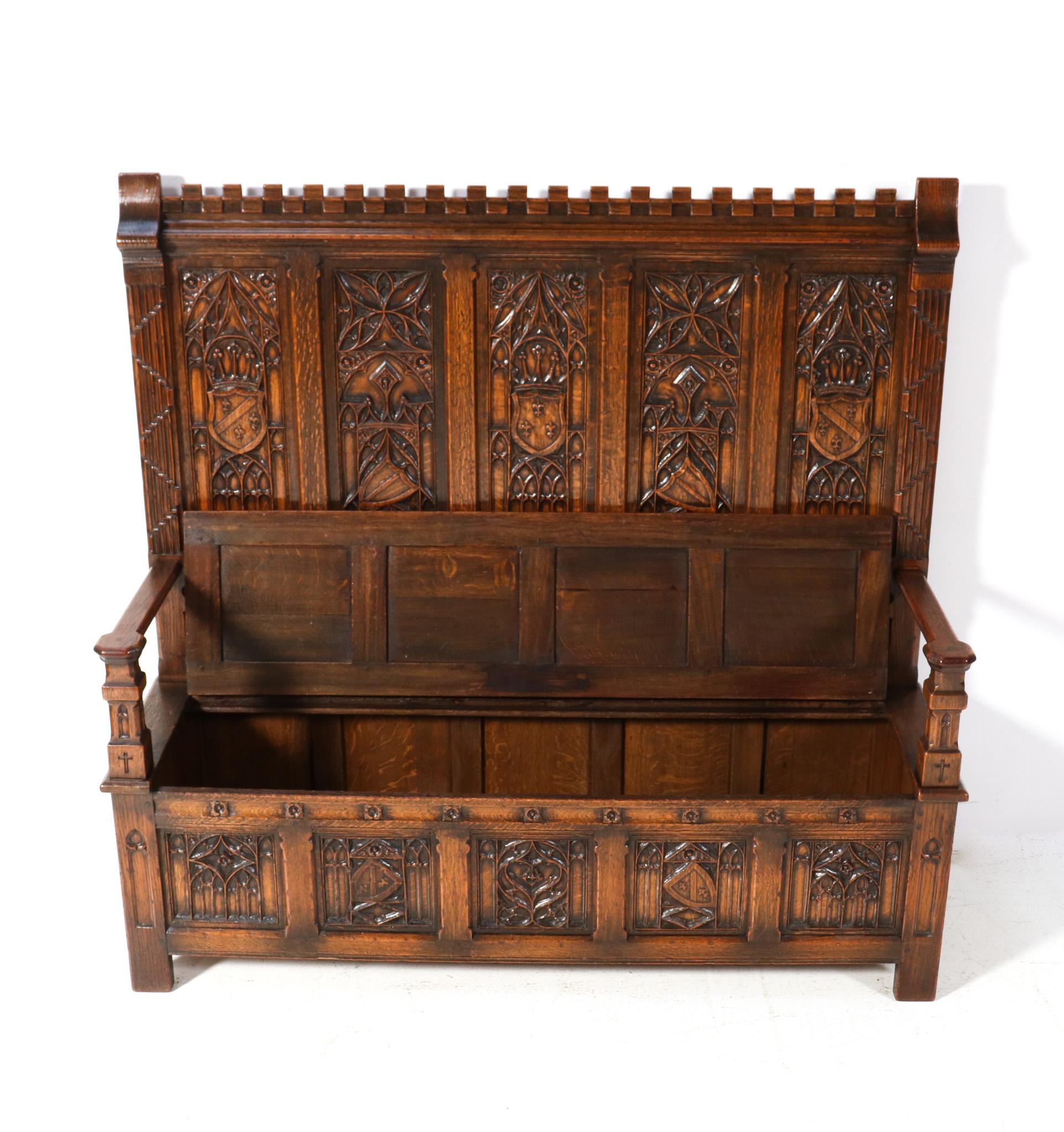  Gothic Revival Oak High Back Hall Bench, 1900s For Sale 1