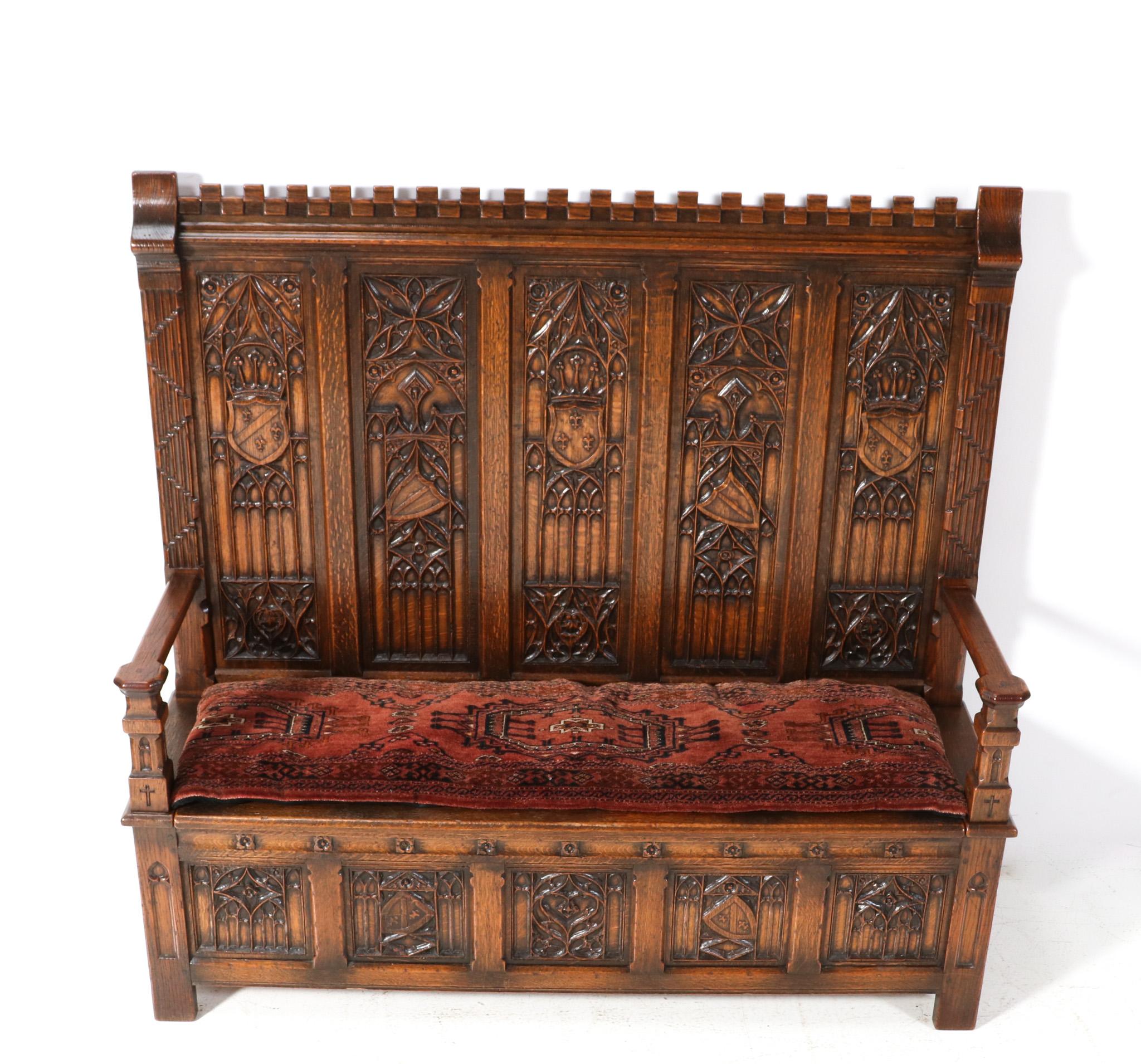  Gothic Revival Oak High Back Hall Bench, 1900s For Sale 2