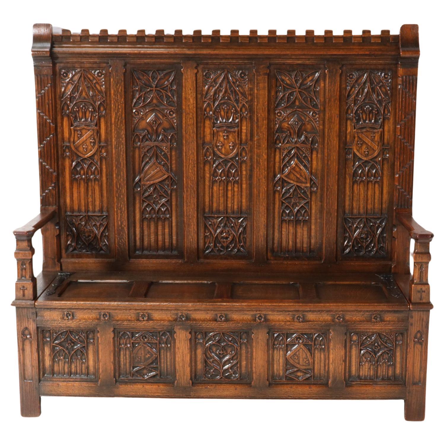  Gothic Revival Oak High Back Hall Bench, 1900s For Sale