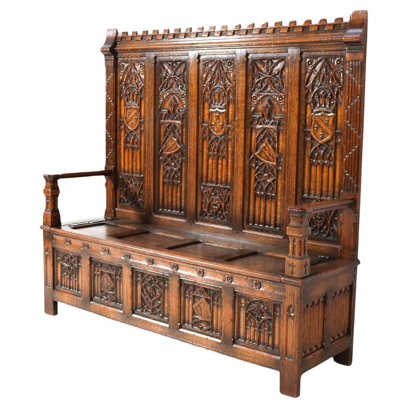 Goth Bench Gothic Revival Oak High Back Hall Bench, 1900s For Sale at 1stDibs