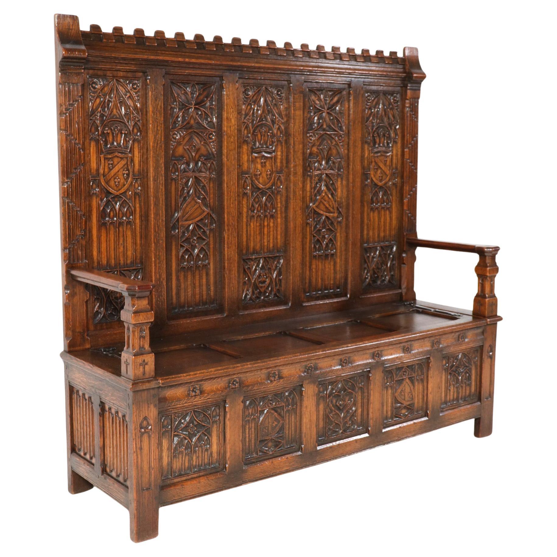Gothic Revival Oak High Back Hall Bench, 1900s
