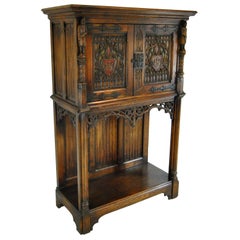 Used Gothic Revival Oak Medieval Knight Cabinet Server Chest