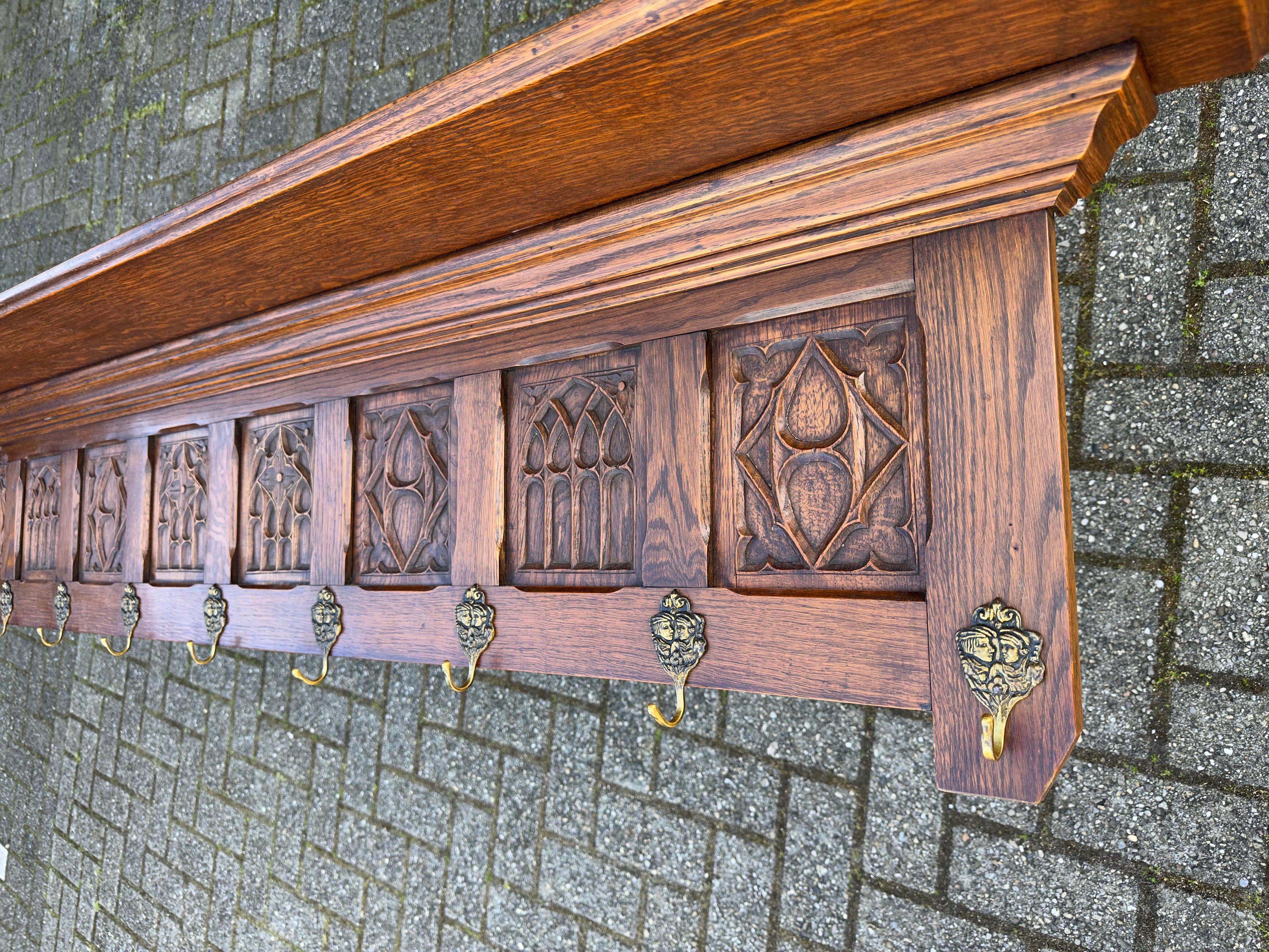Hand-Carved Gothic Revival Oak Wall Coat Rack, Shelf, Bracket W Stylish Church Window Panels