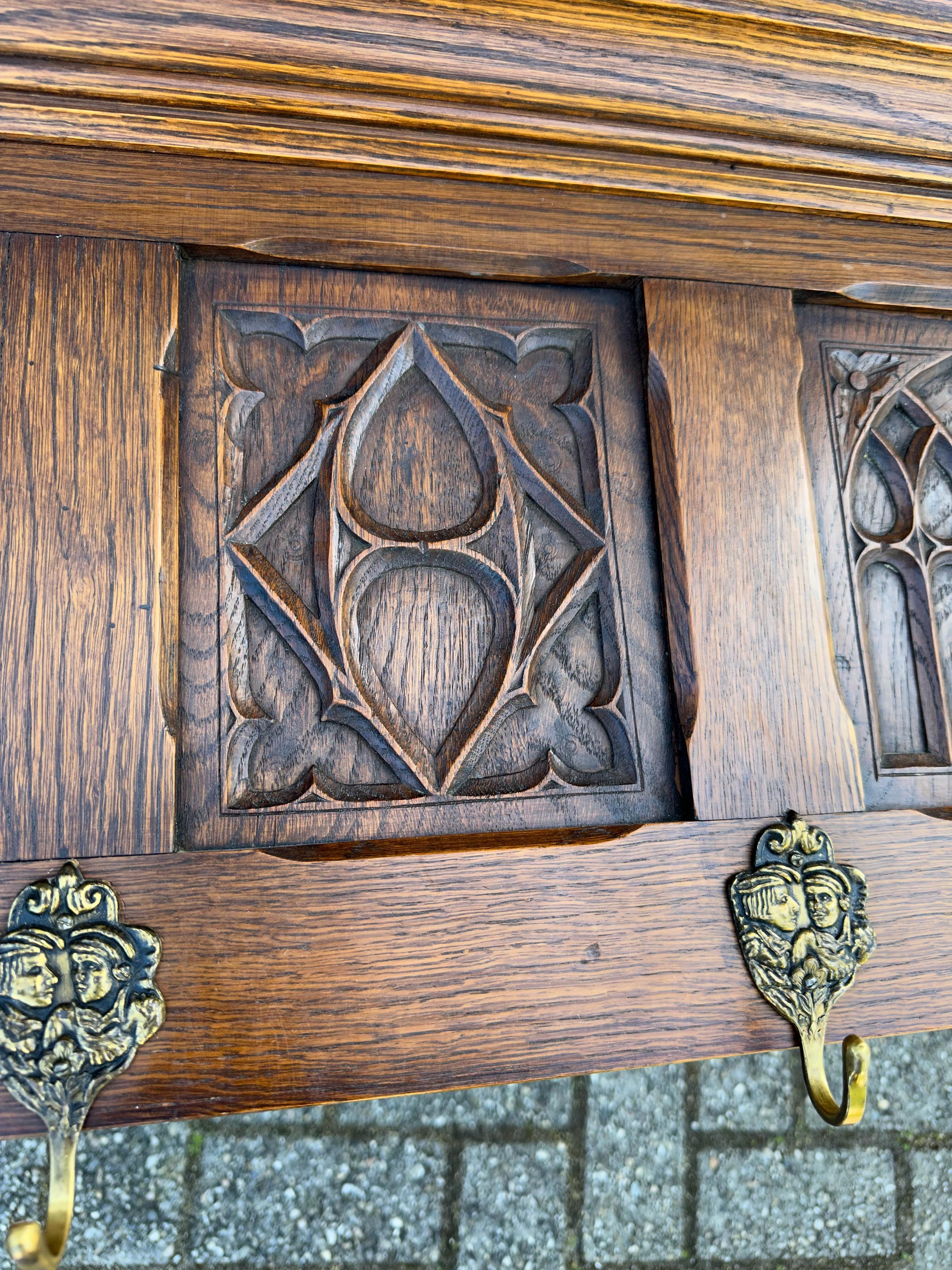 20th Century Gothic Revival Oak Wall Coat Rack, Shelf, Bracket W Stylish Church Window Panels