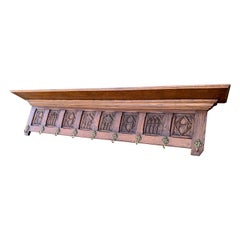 Gothic Revival Oak Wall Coat Rack, Shelf, Bracket W Stylish Church Window Panels