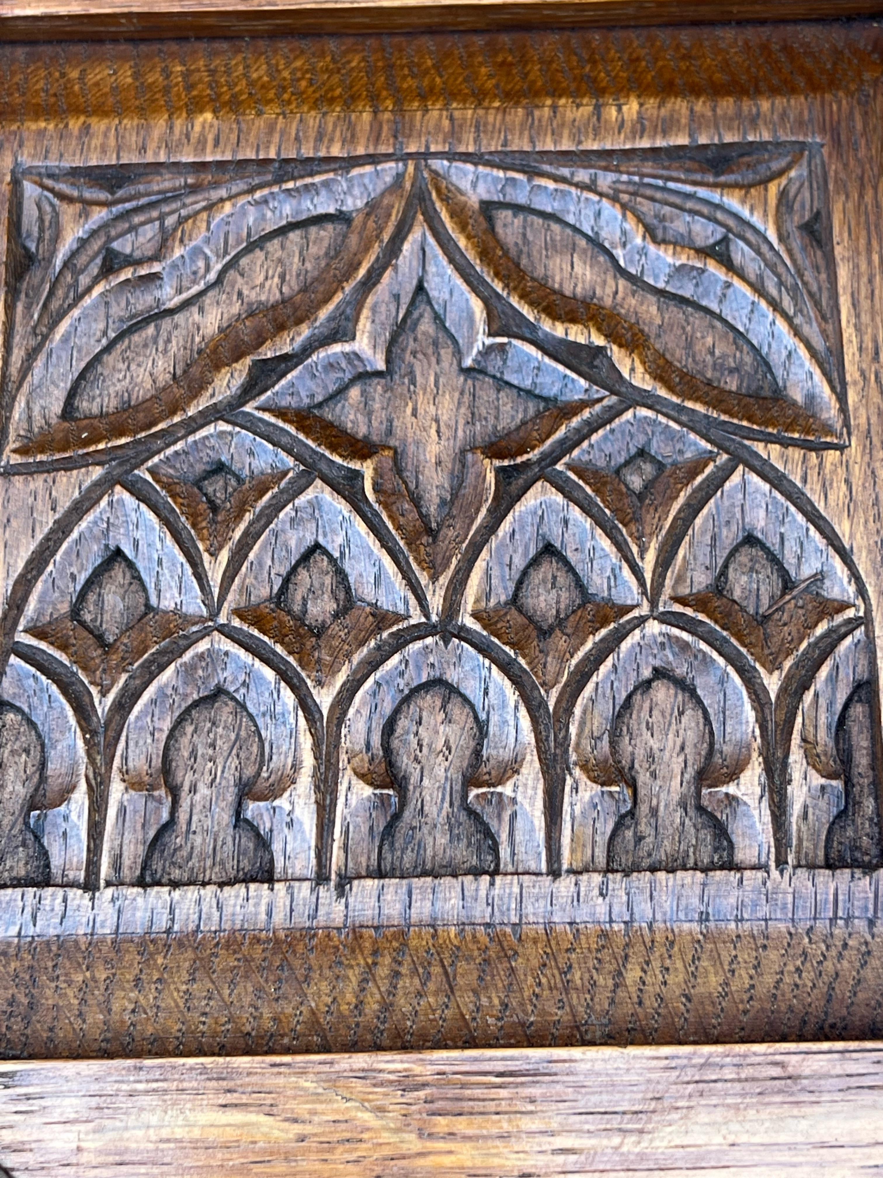 Gothic Revival Oak Wall Coat Rack wirh Stylish Church Window Panels & Iron Hooks 3