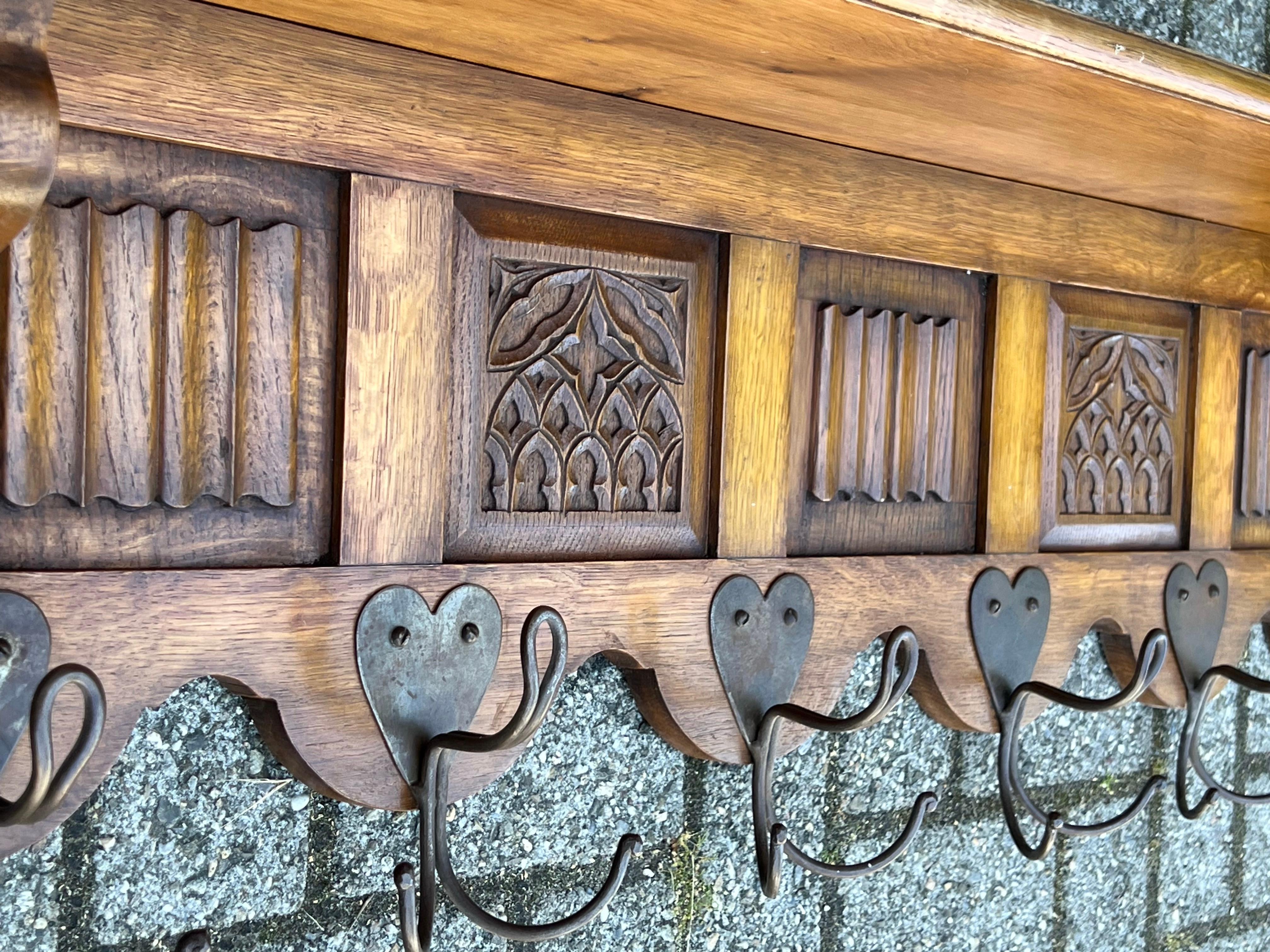 Gothic Revival Oak Wall Coat Rack wirh Stylish Church Window Panels & Iron Hooks 8