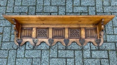 Gothic Revival Oak Wall Coat Rack wirh Stylish Church Window Panels & Iron Hooks