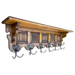 Gothic Revival Oak Wall Coat Rack wirh Stylish Church Window Panels & Iron Hooks