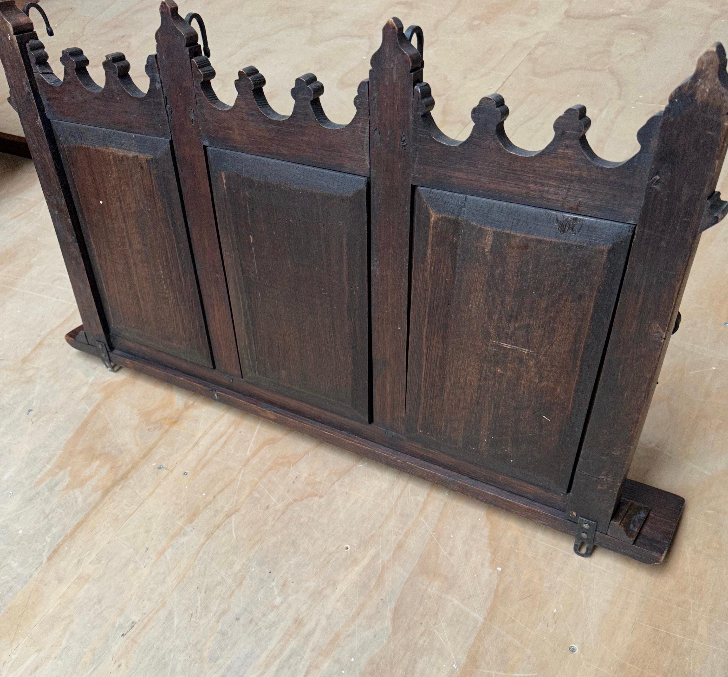 Gothic Revival Oak Wall Coat Rack with Clergyman Sculptures and Wrought ...
