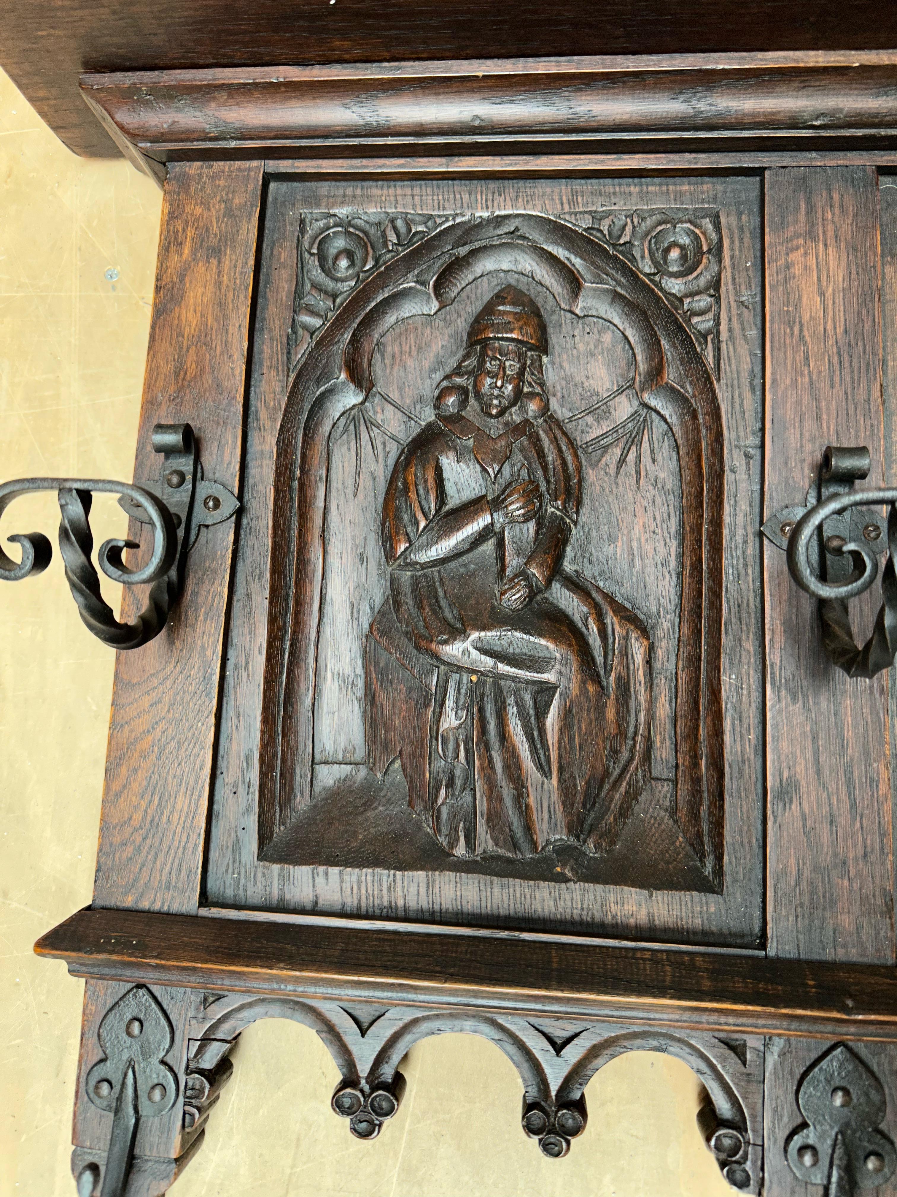 Gothic Revival Oak Wall Coat Rack with Clergyman Sculptures and Wrought ...