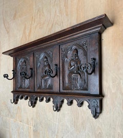 Gothic Revival Oak Wall Coat Rack with Clergyman Sculptures & Wrought Iron Hooks