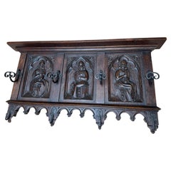 Antique Gothic Revival Oak Wall Coat Rack with Clergyman Sculptures & Wrought Iron Hooks