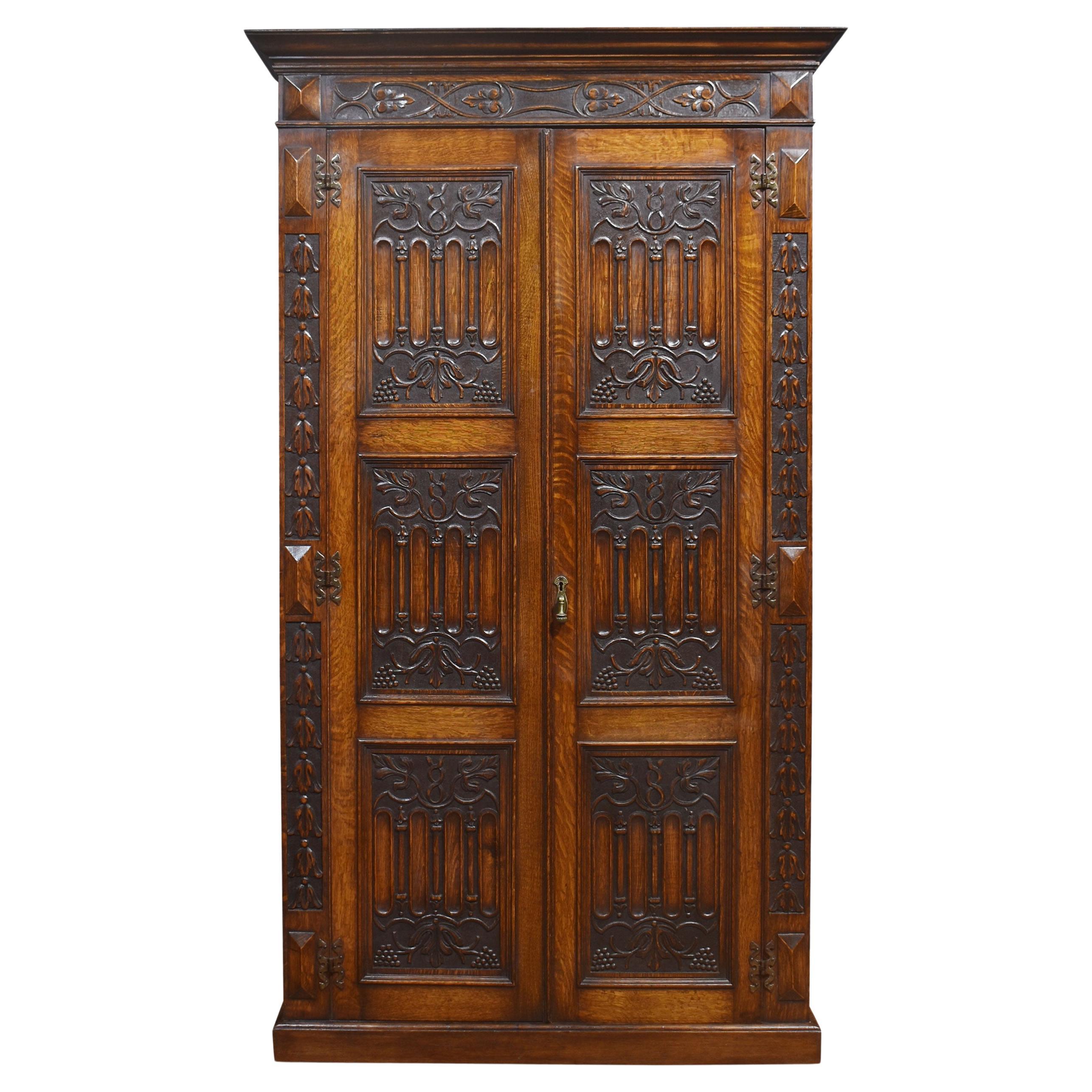 Gothic revival oak wardrobe For Sale