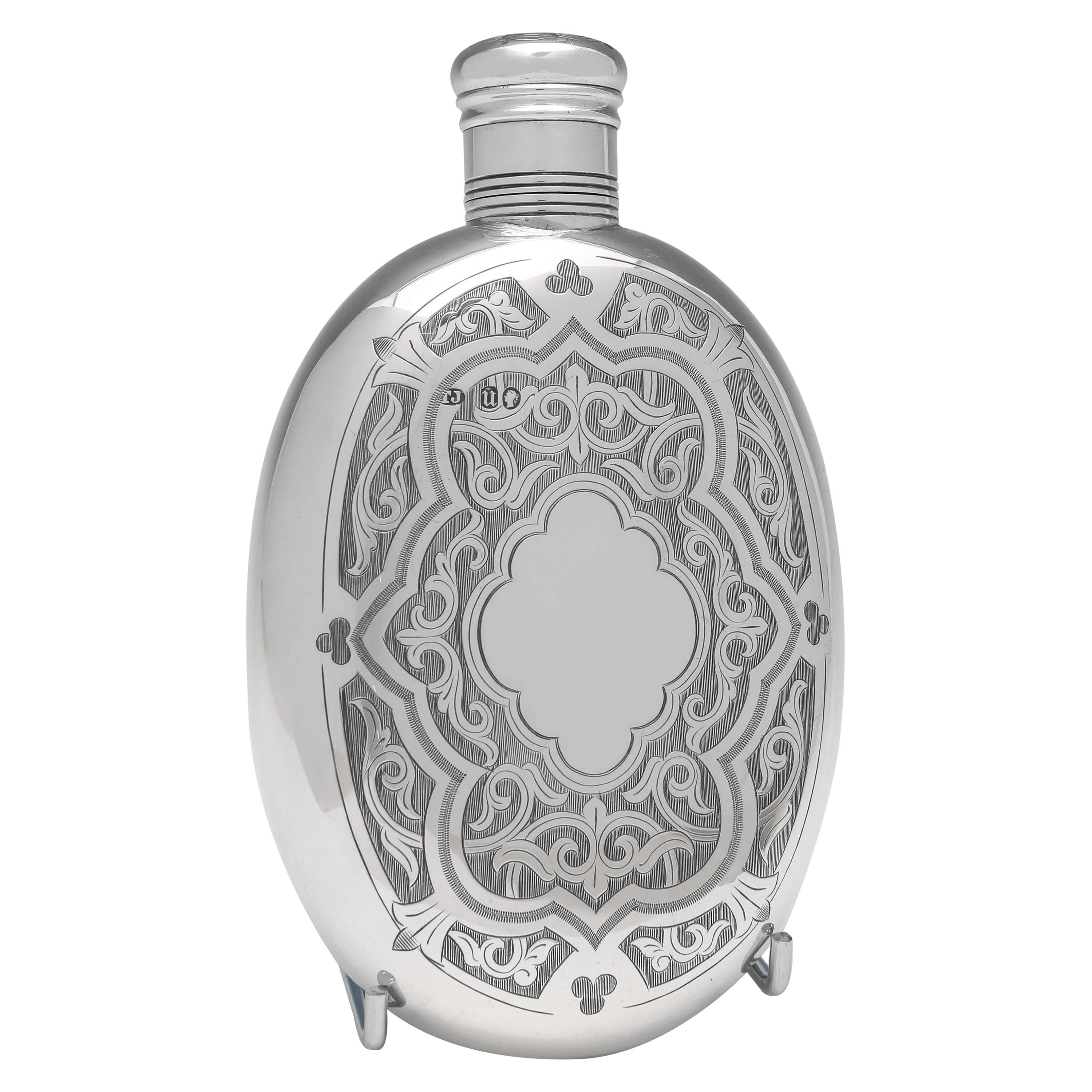 Gothic Revival Oval Victorian Sterling Silver Hip Flask by Thomas Johnson, 1875 For Sale