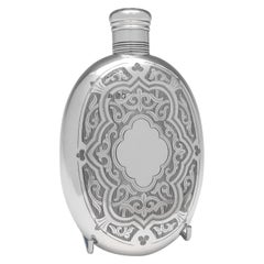 Gothic Revival Oval Victorian Sterling Silver Hip Flask by Thomas Johnson, 1875