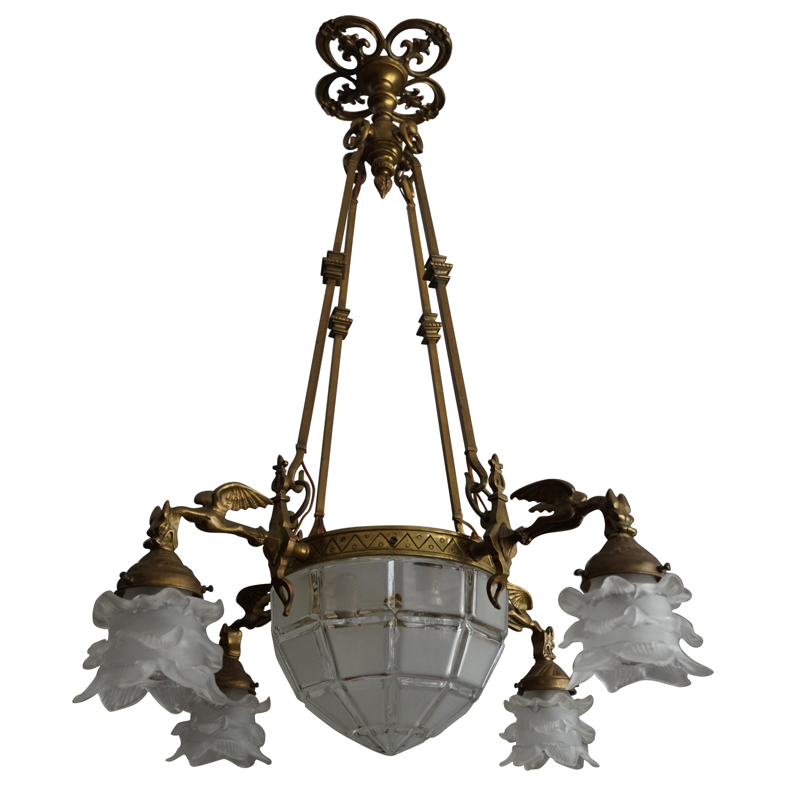 Gothic Revival Pendant w. Handcrafted Bronze Gargoyle Sculptures & Glass Shades For Sale