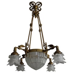 Gothic Revival Pendant w. Handcrafted Bronze Gargoyle Sculptures & Glass Shades