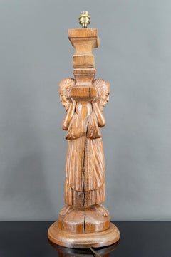 Gothic Revival Pilaster Lamp in Carved Oak, Bearers / Atlantes, France