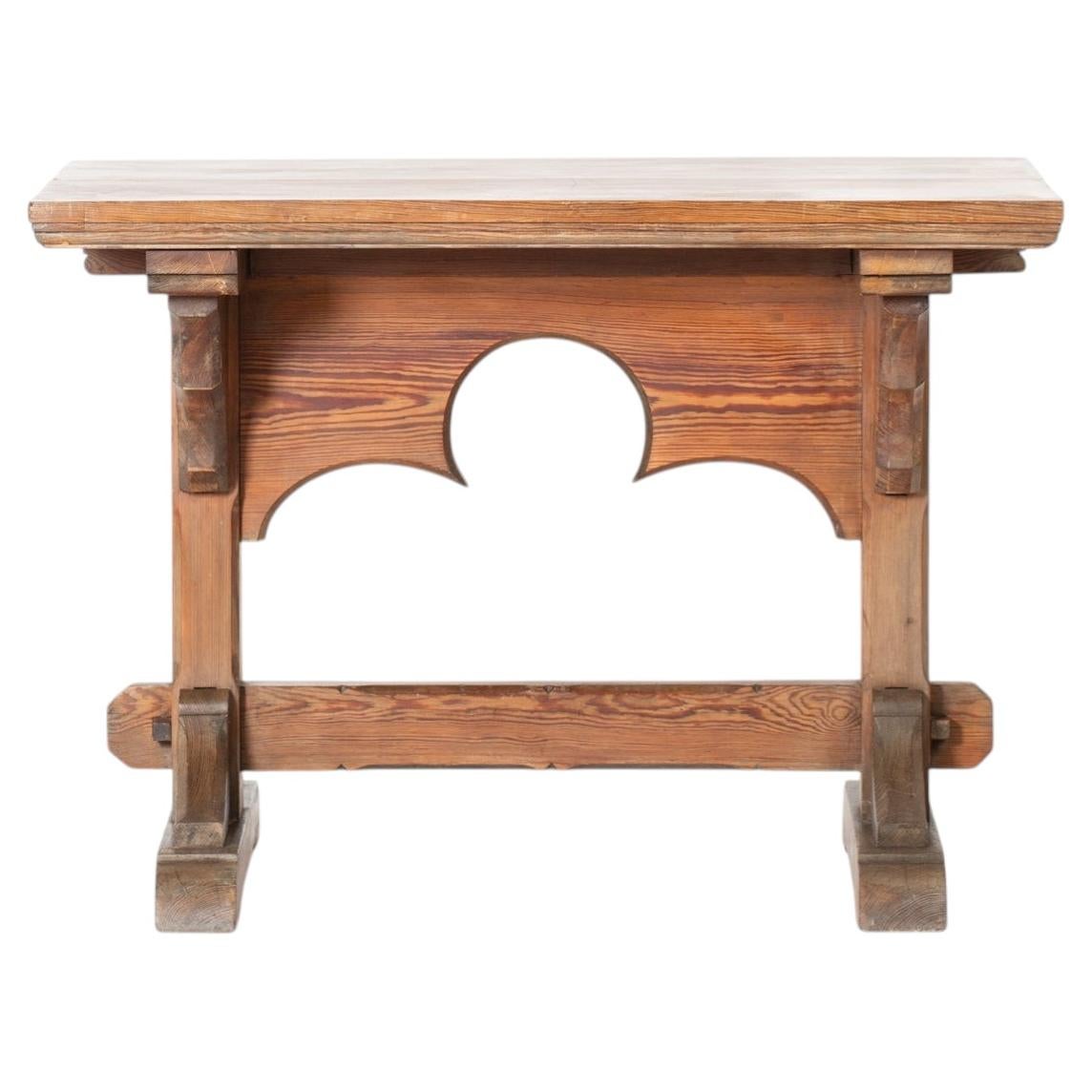 Gothic Revival Pitch Pine Trestle Table, English Late 19th Century For Sale