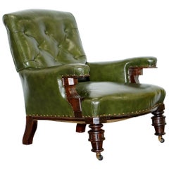 Antique Gothic Revival Pugin Style Victorian Chesterfield Library Green Leather Armchair