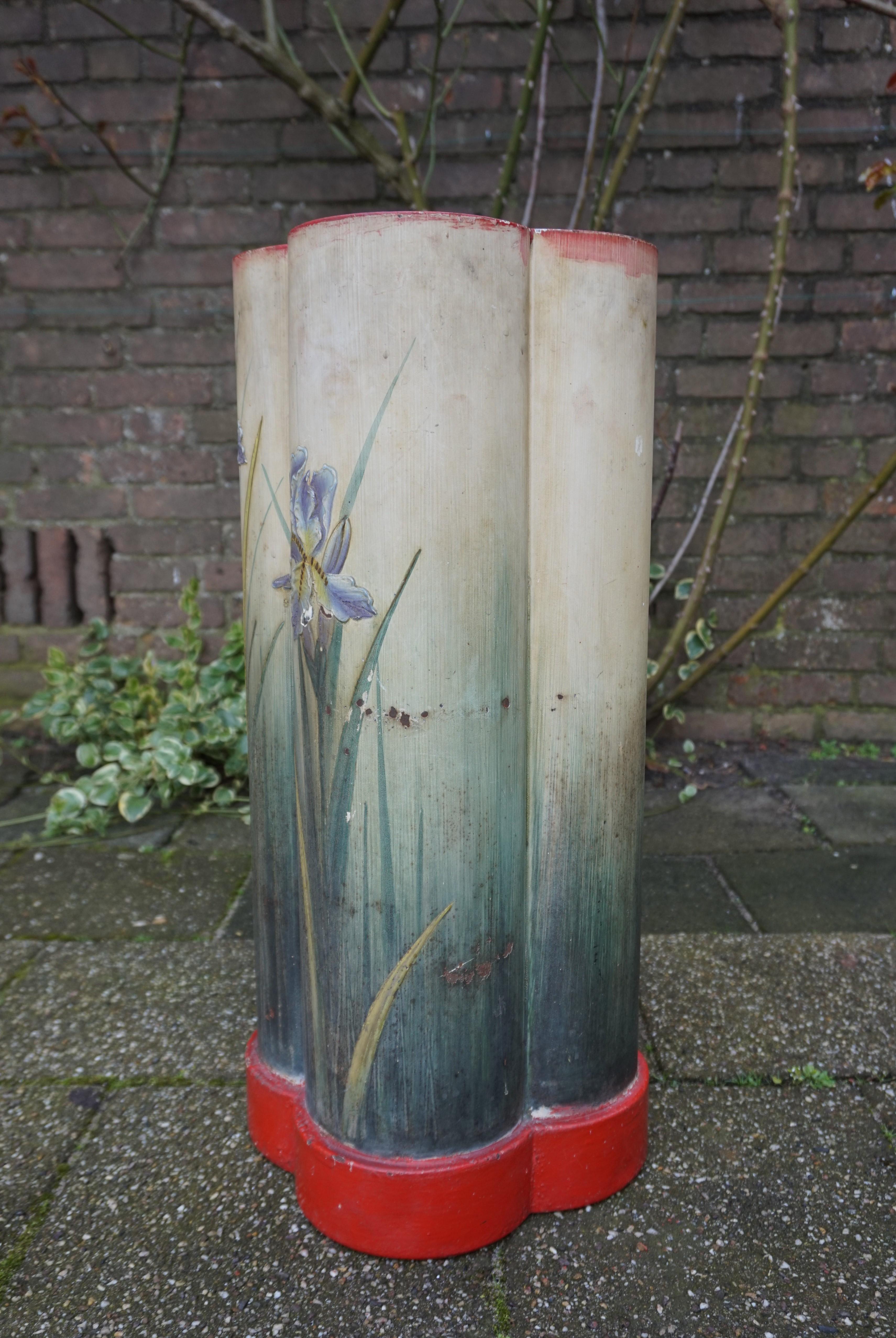 Gothic Revival Quatrefoil Design Umbrella & Stick Stand w. Hand Painted Irises For Sale 3
