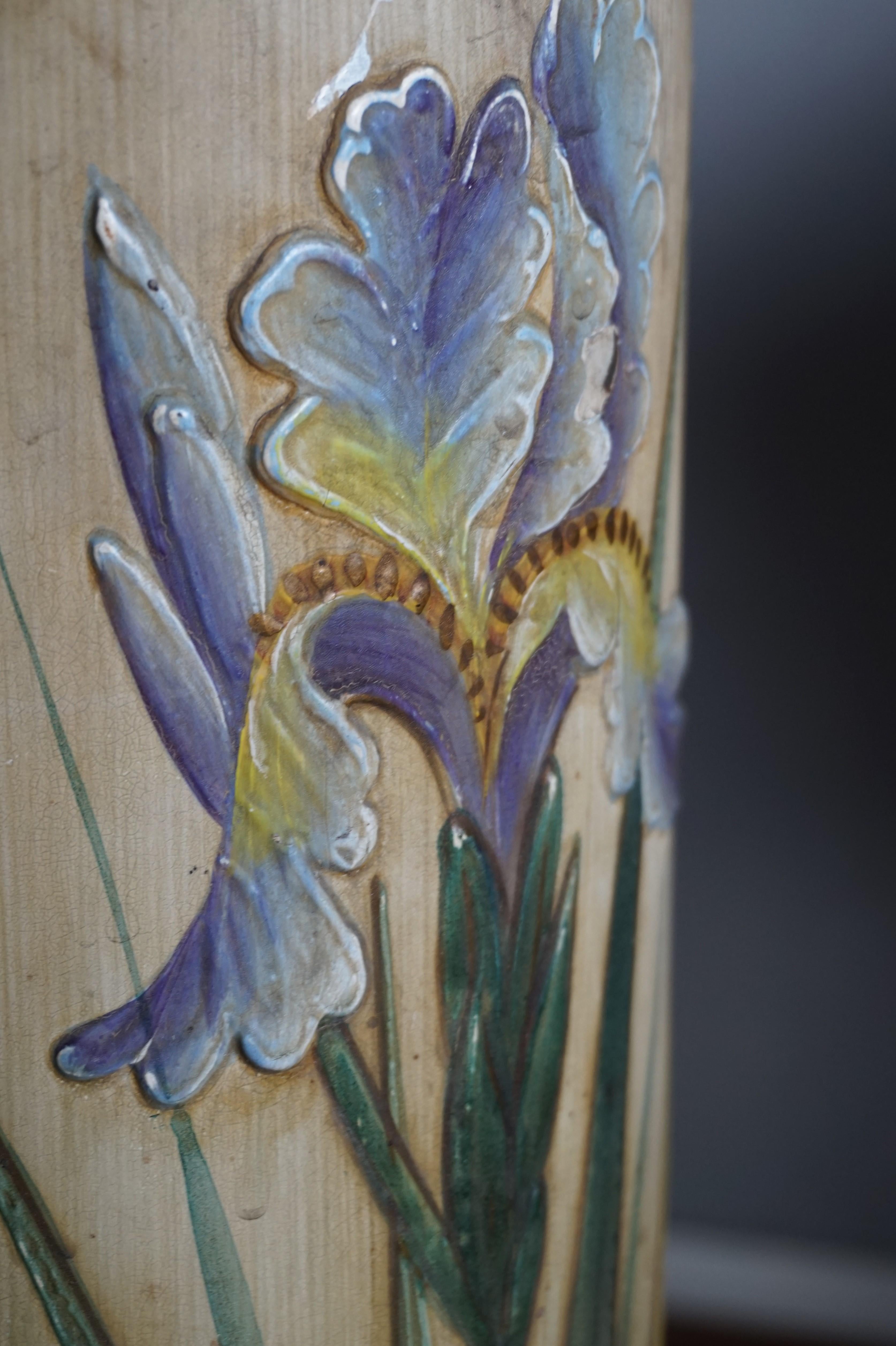 Gothic Revival Quatrefoil Design Umbrella & Stick Stand w. Hand Painted Irises For Sale 7