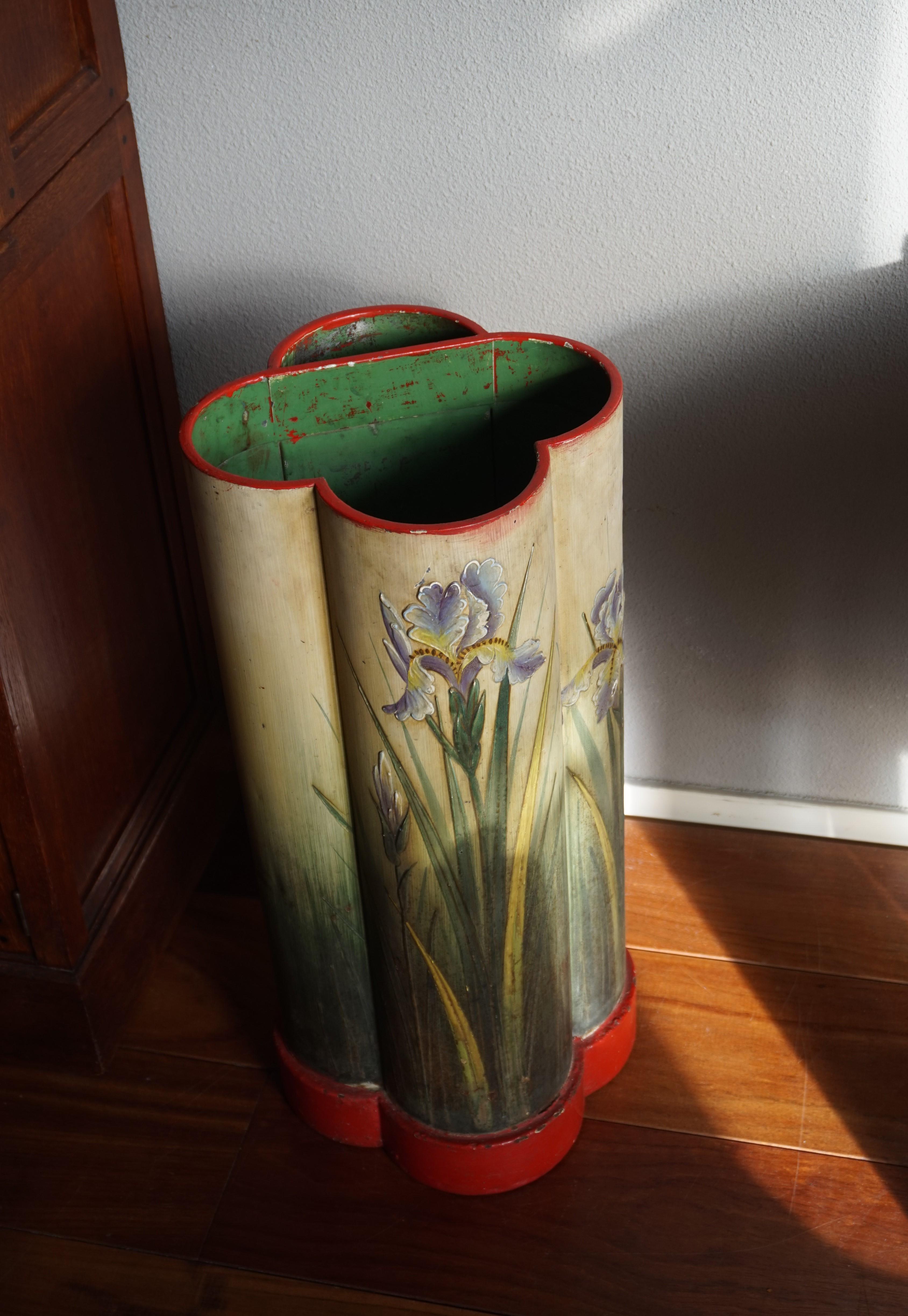 Gothic Revival Quatrefoil Design Umbrella & Stick Stand w. Hand Painted Irises For Sale 11
