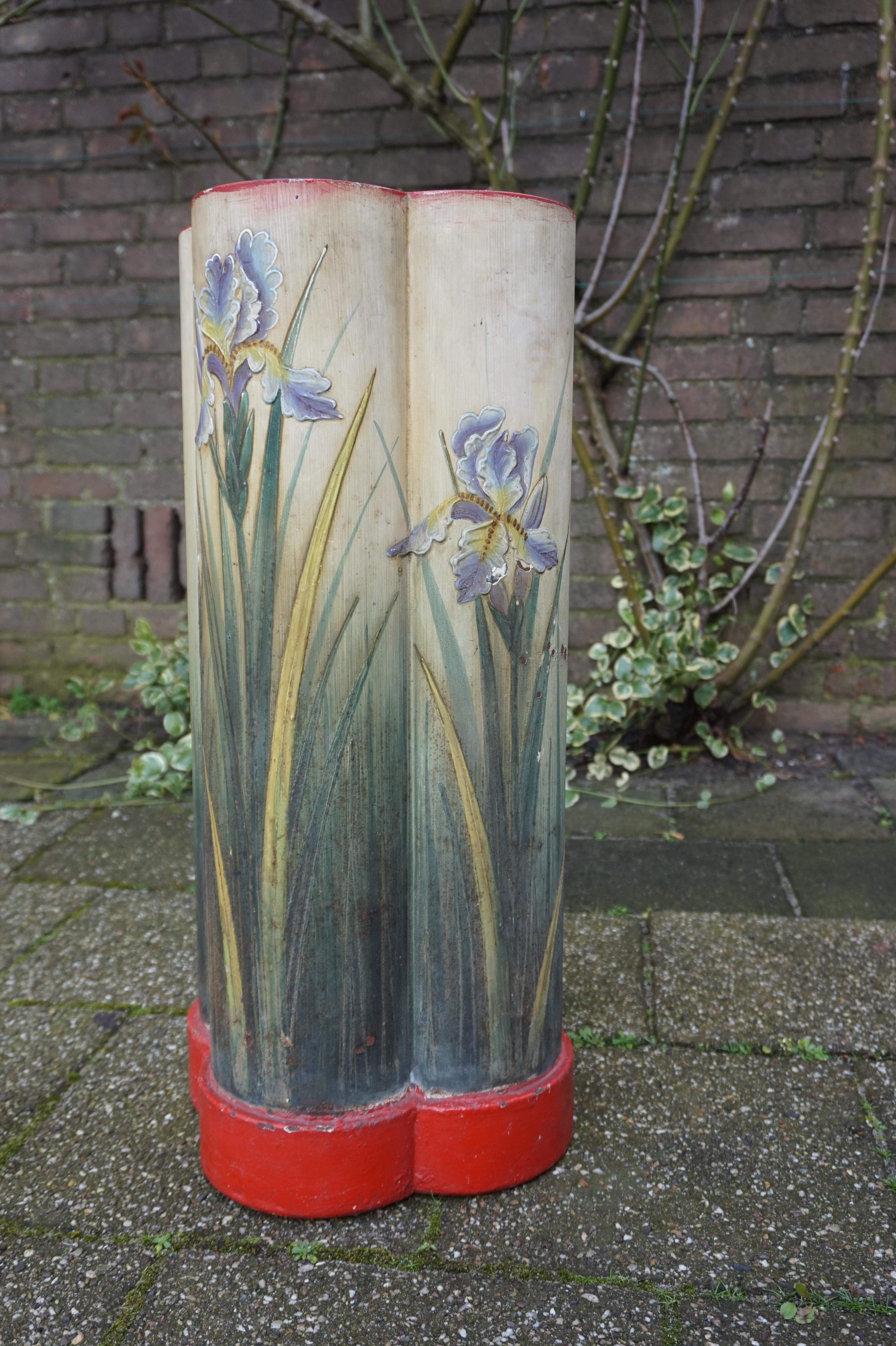 Gothic Revival Quatrefoil Design Umbrella & Stick Stand w. Hand Painted Irises For Sale 2