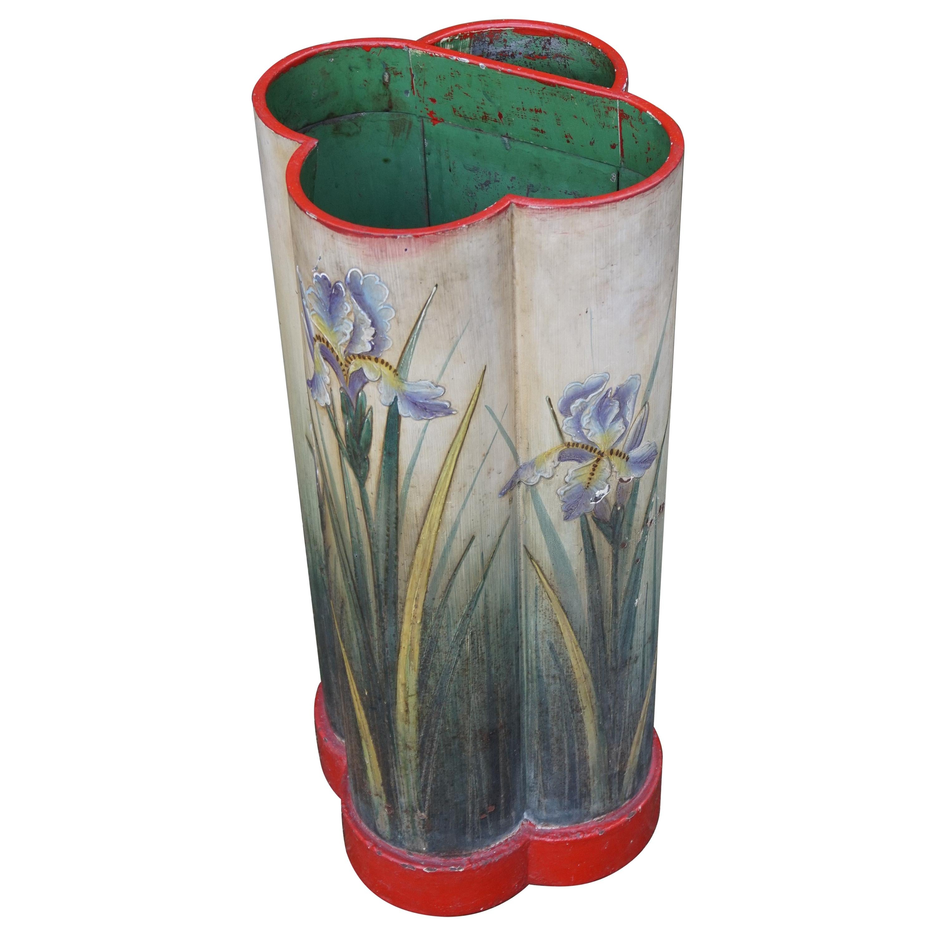 Gothic Revival Quatrefoil Design Umbrella & Stick Stand w. Hand Painted Irises For Sale