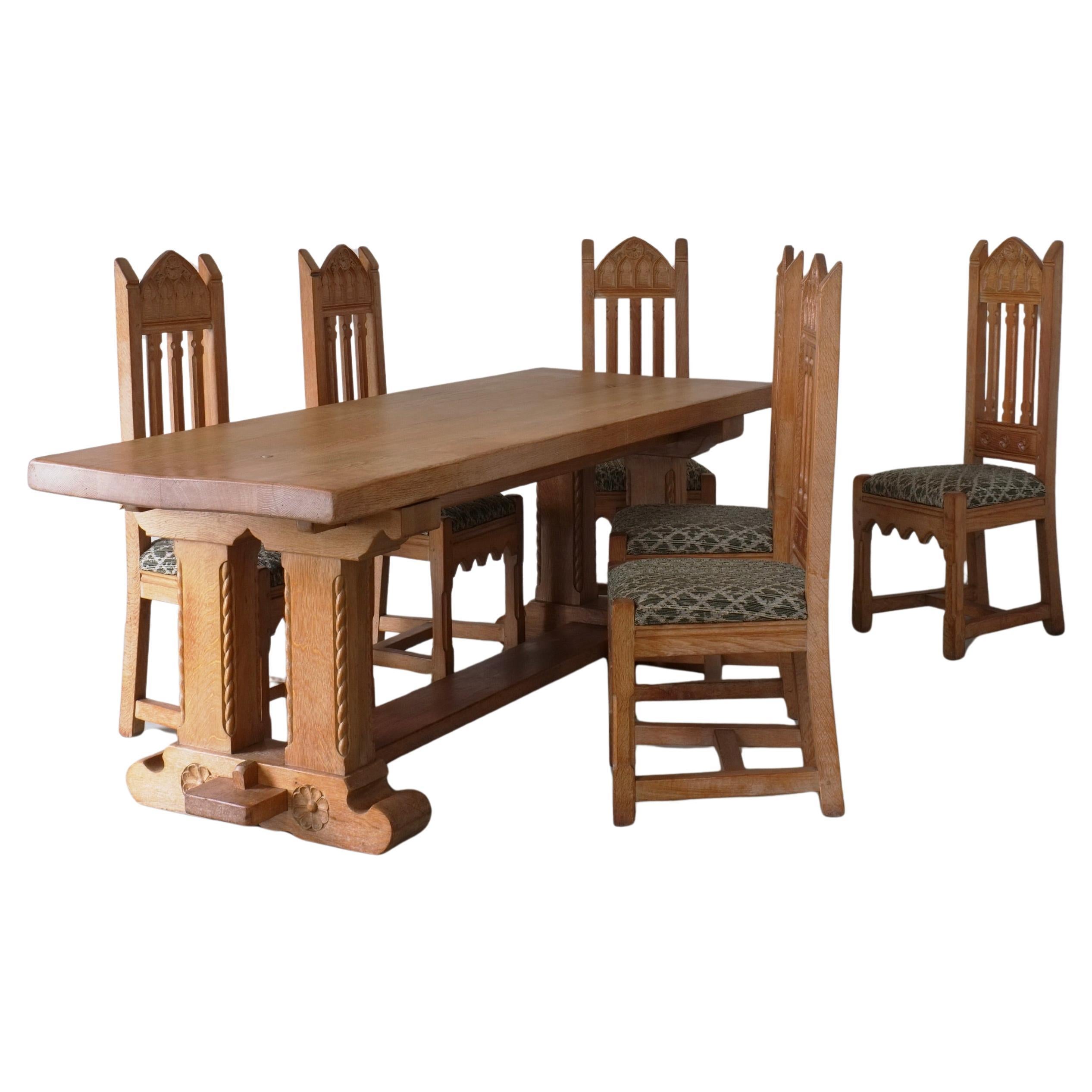 Gotisch-revivalistischer Refektoriumstisch und Stühle, 7er-Set, Frankreich im Angebot