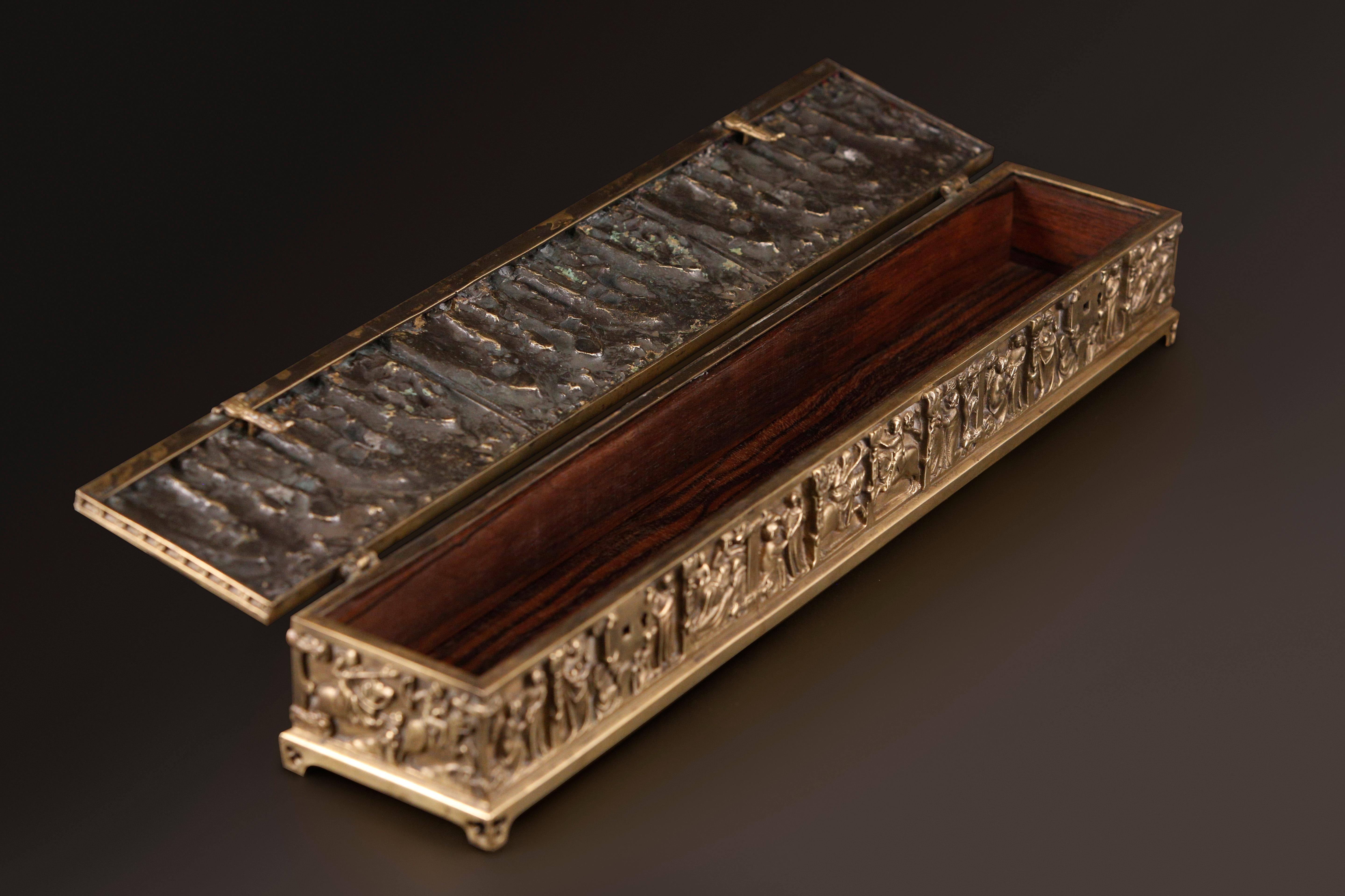 French Gothic Revival Religious Ecclesiastical Bronze Chest Casket Jewelry Box For Sale